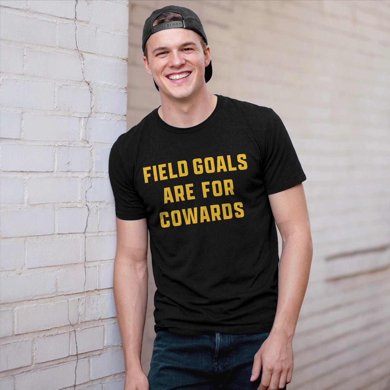 Men's Field Goals Are For Cowards Cool Football Signature T-Shirt in Black On Model - Front View