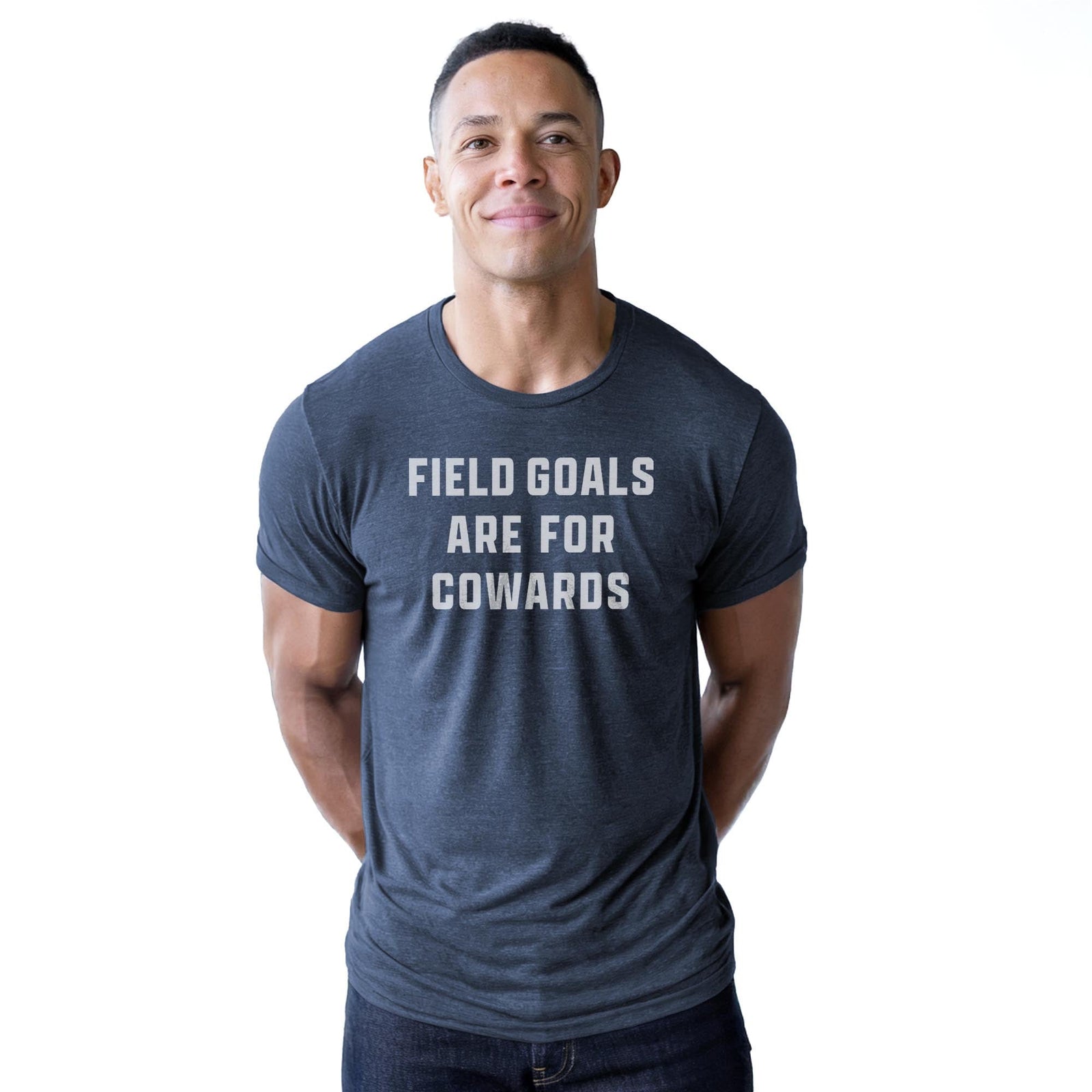 Field Goals Funny Staple T-shirt in Navy Heather On Model - Front View