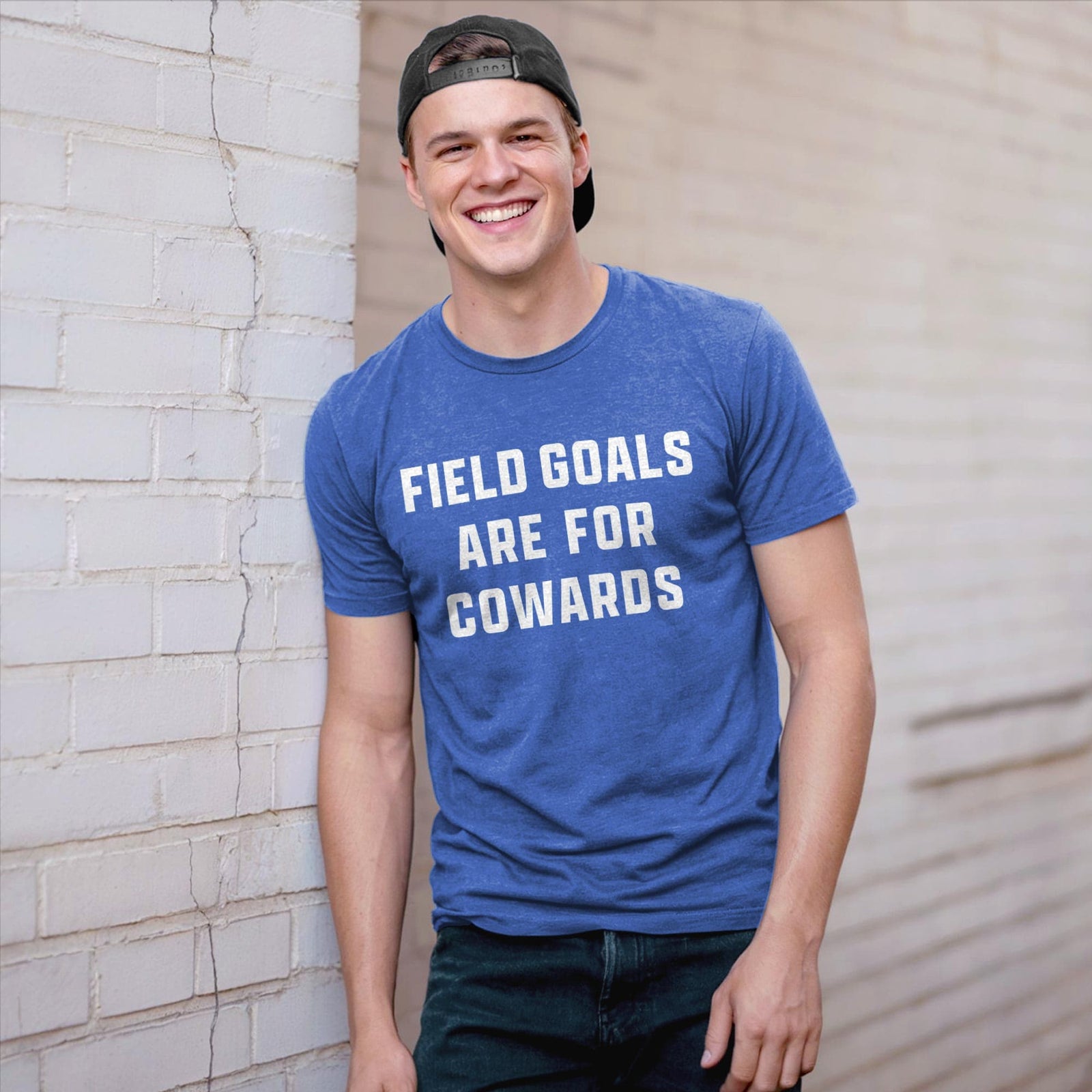 Men's Field Goals Are For Cowards Funny Football Signature T-Shirt in Royal - Front View