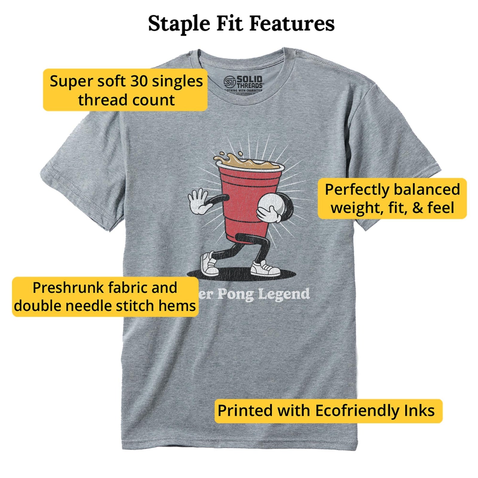 Beer Pong Legend Funny Staple T-shirt in Ash Heather - Fit Attributes