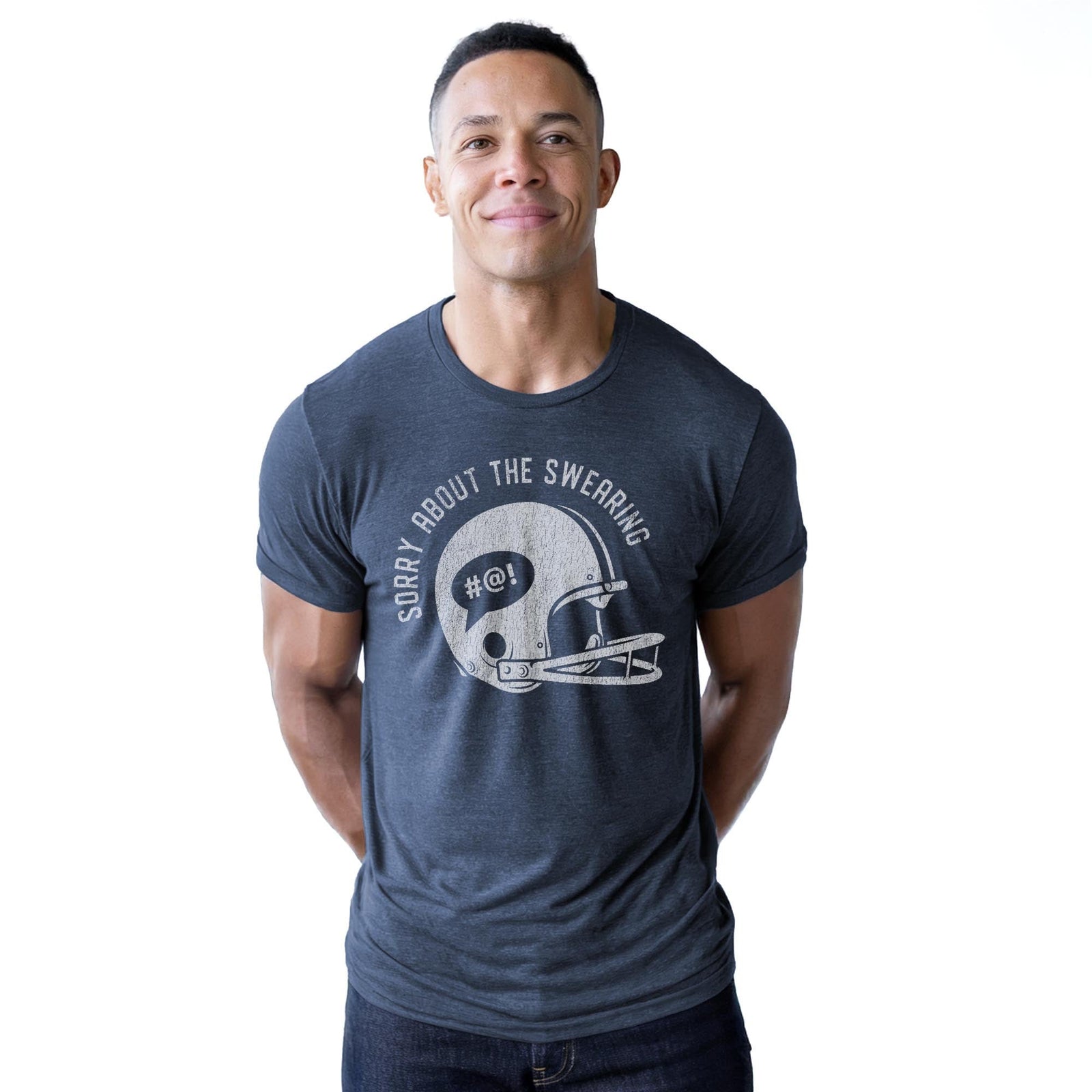 Sorry About Swearing Funny Staple T-shirt in Navy Heather On Model - Front View