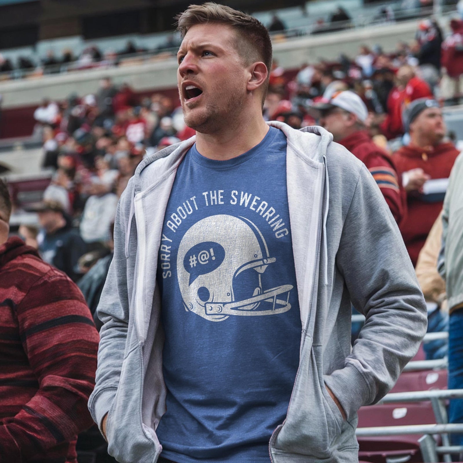 Men's Sorry About The Swearing Funny Football Smack Talk Signature T-Shirt in Royal - Front View