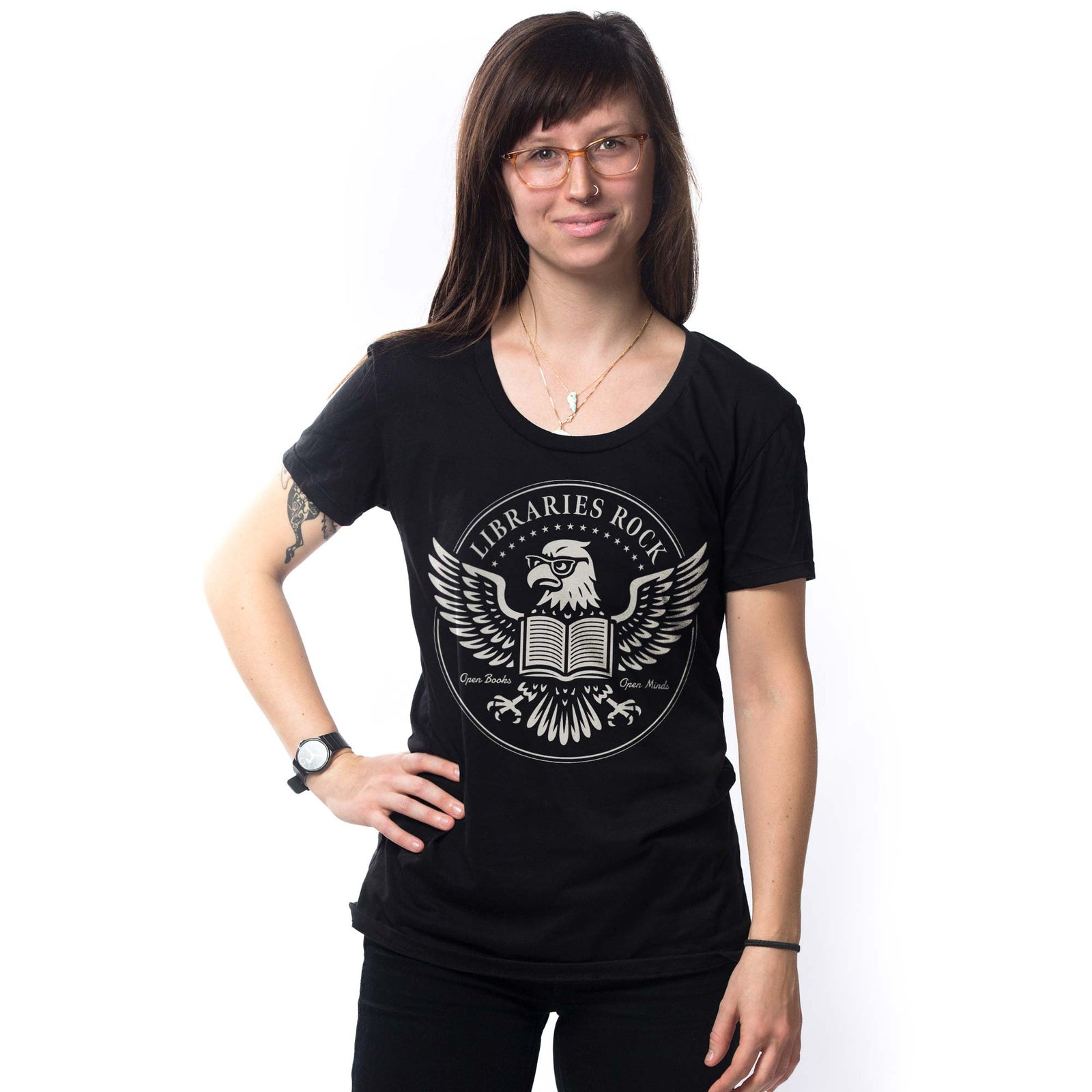 Women's Libraries Rock Cool Graphic T-Shirt | Vintage Eagle Free Speech Tee on Model | Solid Threads