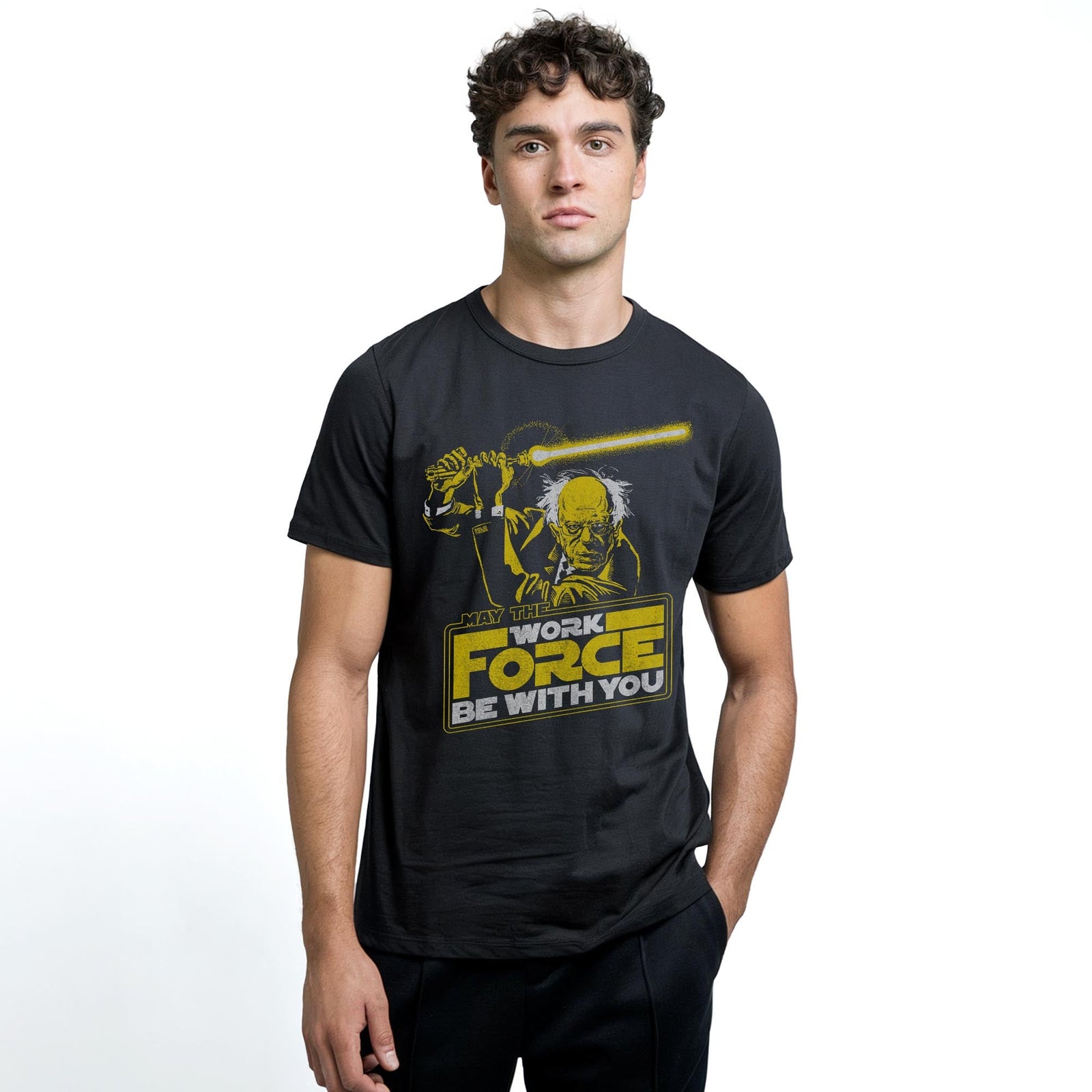 Workforce Bernie Vintage Staple T-shirt in Black On Model - Front View