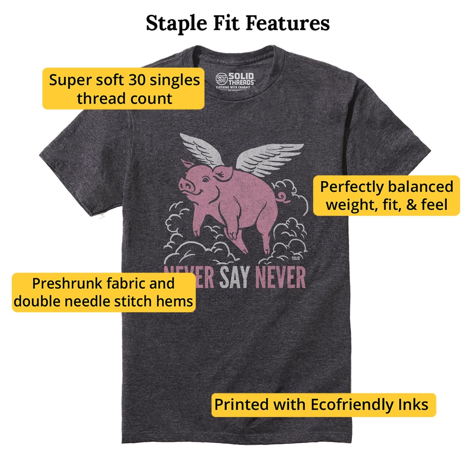 Never Say Never Funny Staple T-shirt in Charcoal Heather - Fit Attributes