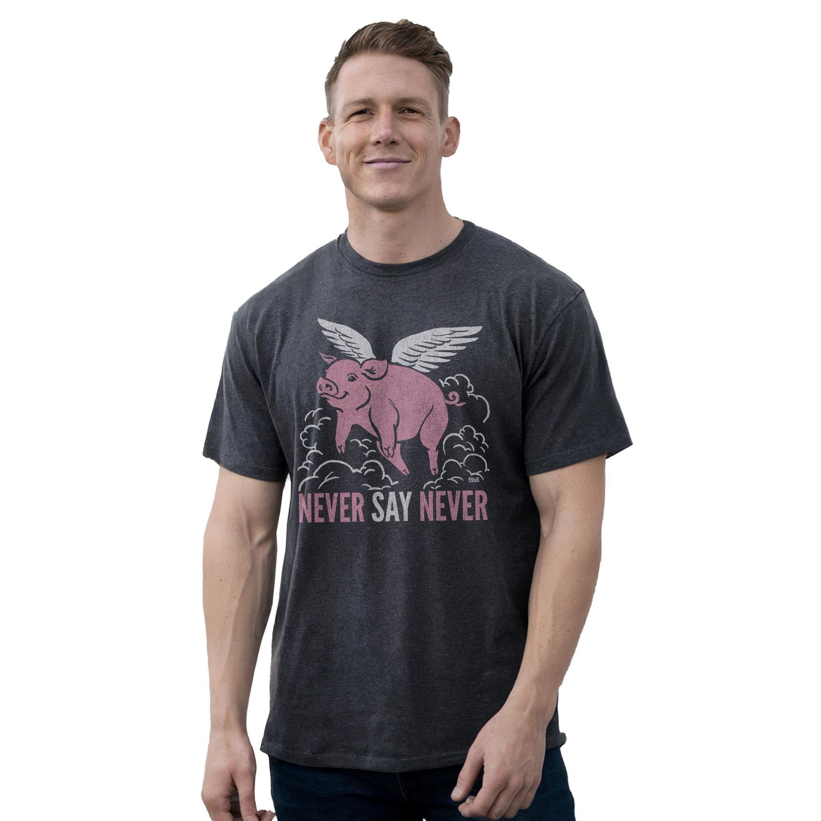 Never Say Never Funny Staple T-shirt in Charcoal Heather On Model - Front View