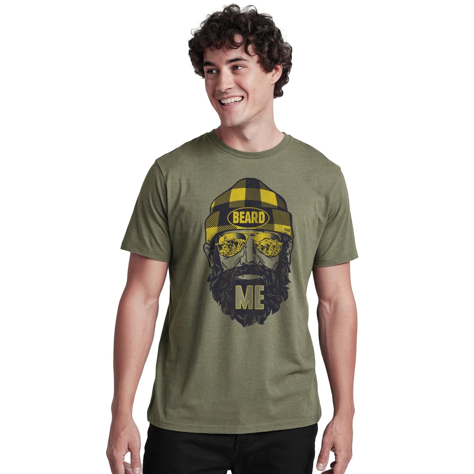 Beard Me Vintage Staple T-shirt in Olive Heather On Model - Front View