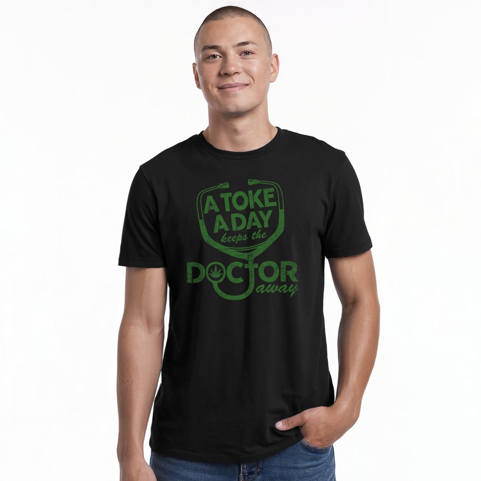 A Toke A Day Funny Staple T-shirt in Black On Model - Front View