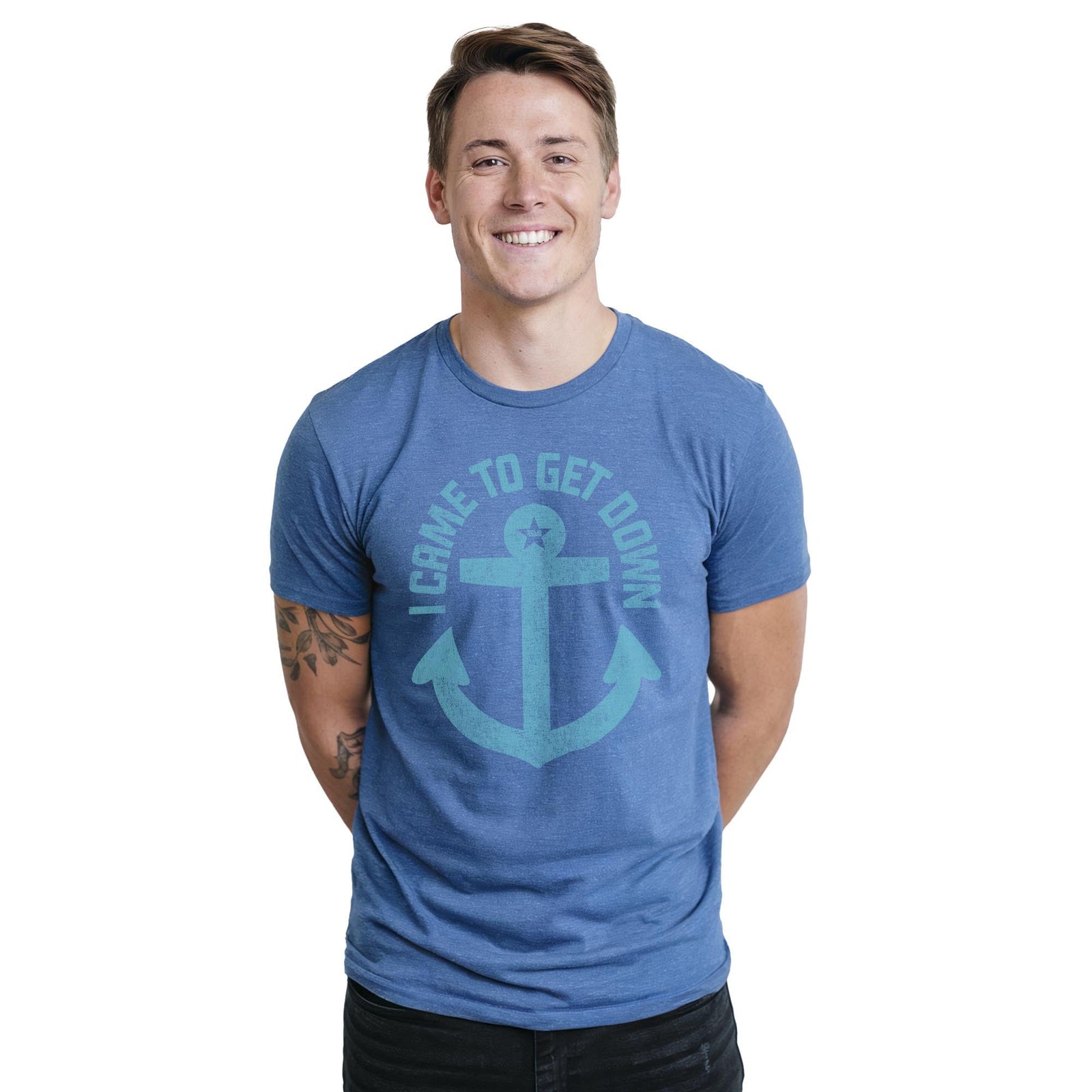 I Came To Get Down Vintage Staple T-shirt in Royal Heather On Model - Front View