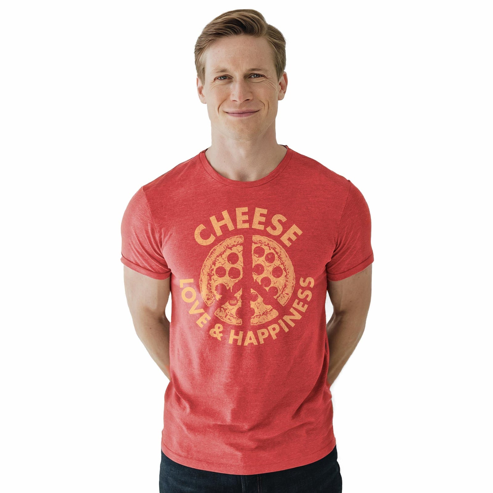 Cheese Love & Happiness Funny Staple T-shirt in Red Heather On Model - Front View