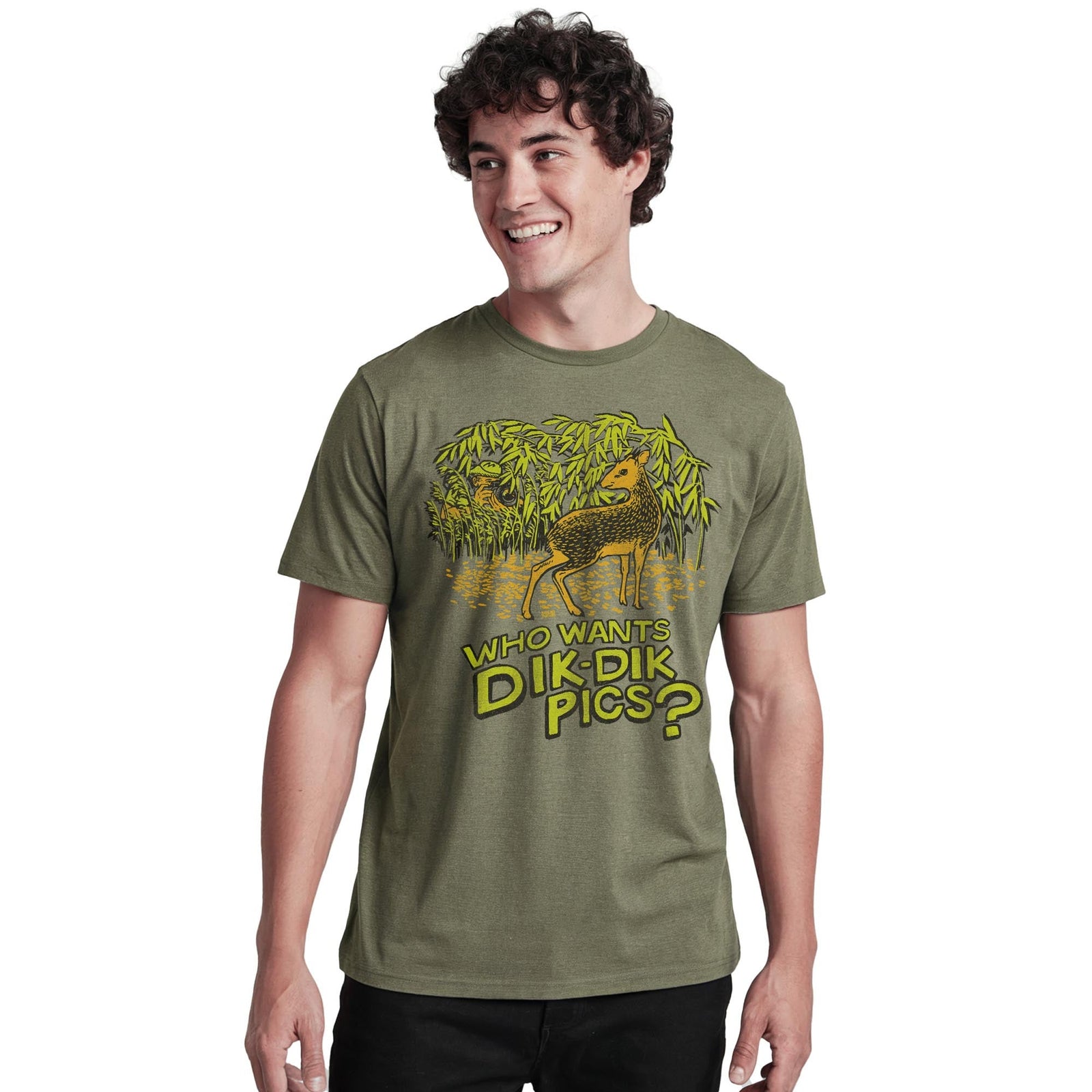 Who Wants Dik Dik Pics Vintage Staple T-shirt in Olive Heather On Model - Front View