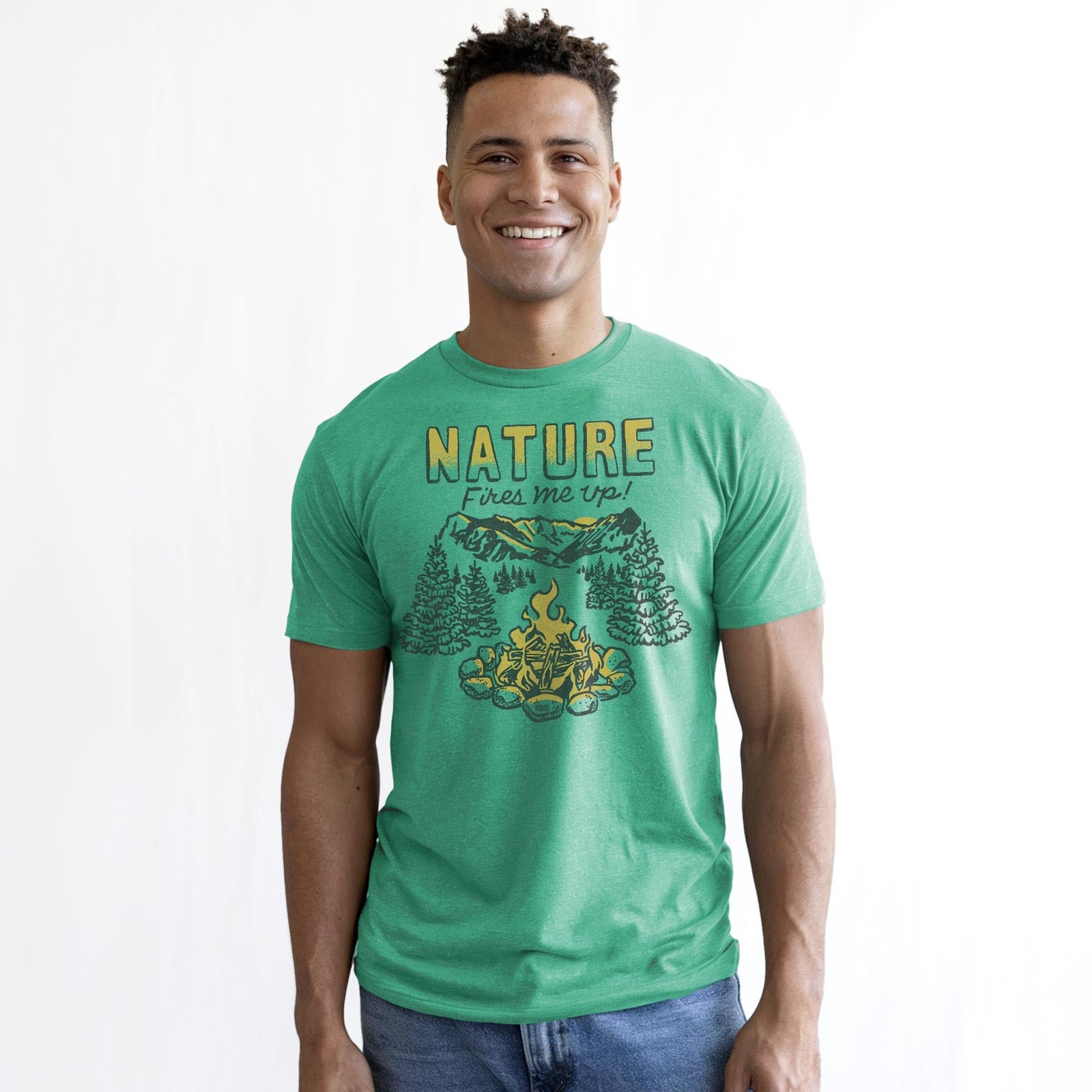 Nature Fires Me Up Vintage Staple T-shirt in Kelly Heather On Model - Front View