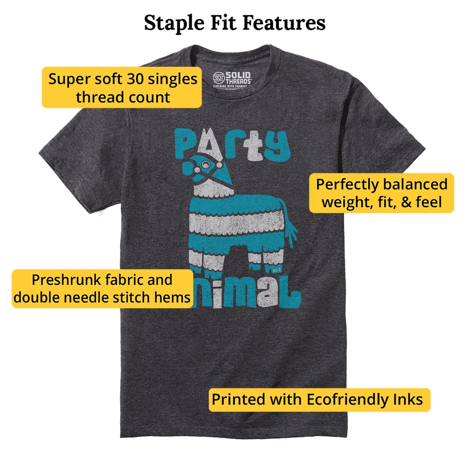 Party Animal Vintage Staple T-shirt in Charcoal Heather - Fit Attributes