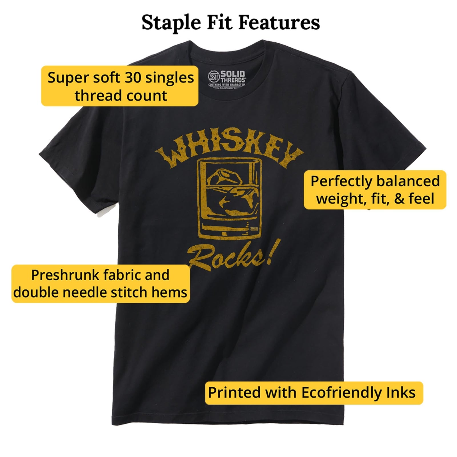 Whiskey Rocks Vintage Staple T-shirt in Black - Fit Attributes