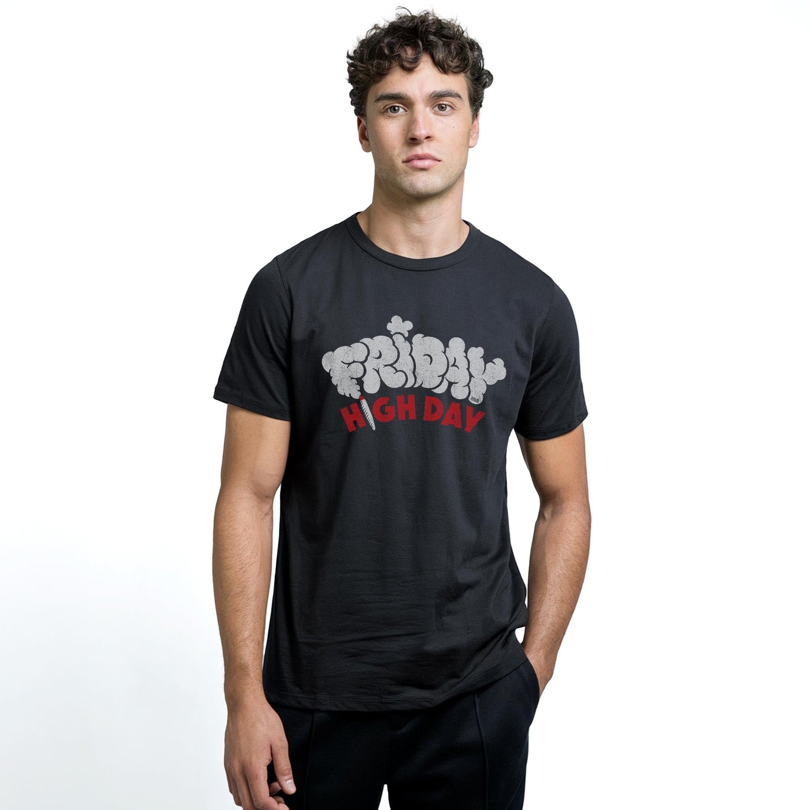 Friday High Day Funny Staple T-shirt in Black On Model - Front View
