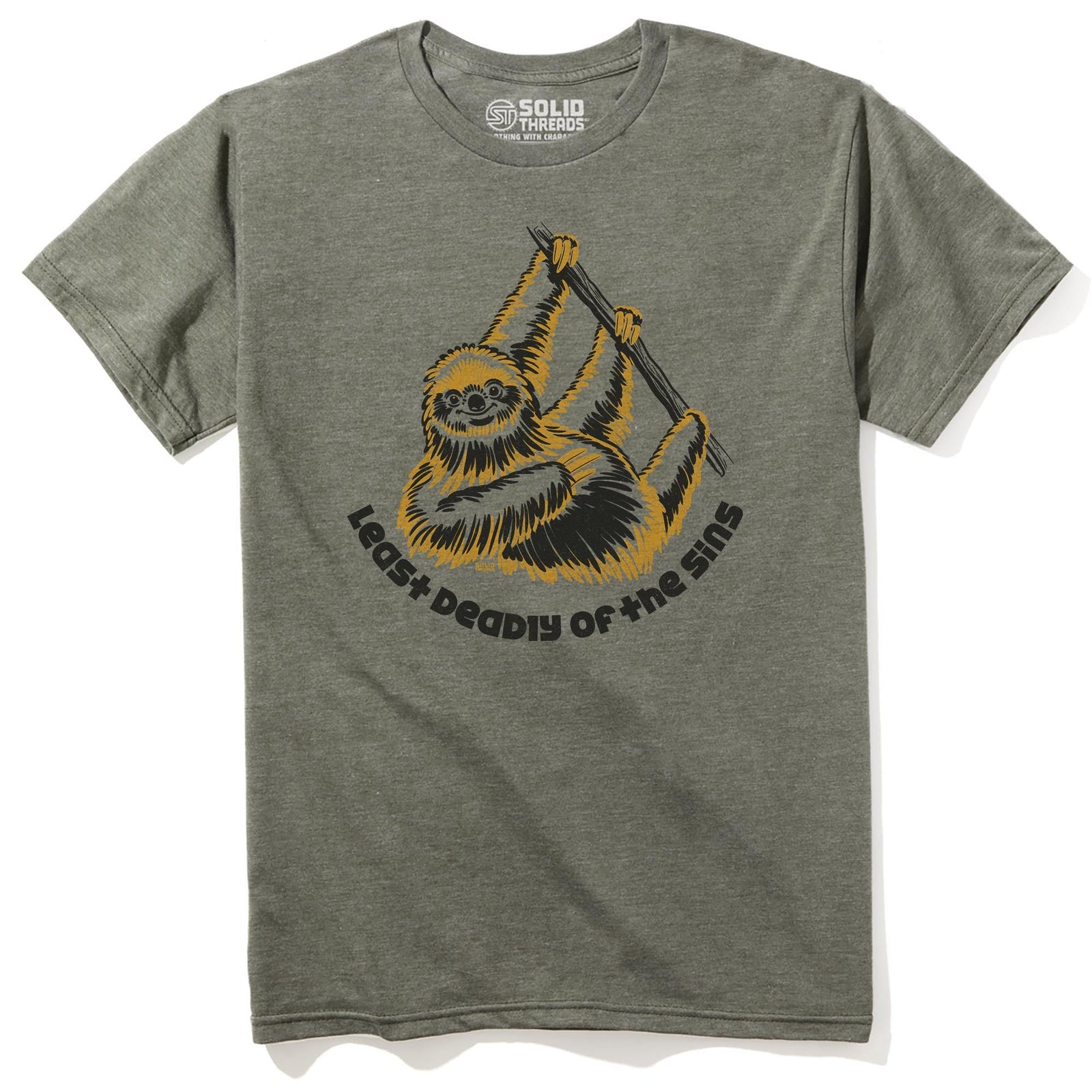 Least Deadly Of The Sins Sloth Vintage Staple T-shirt in Olive Heather - Front View