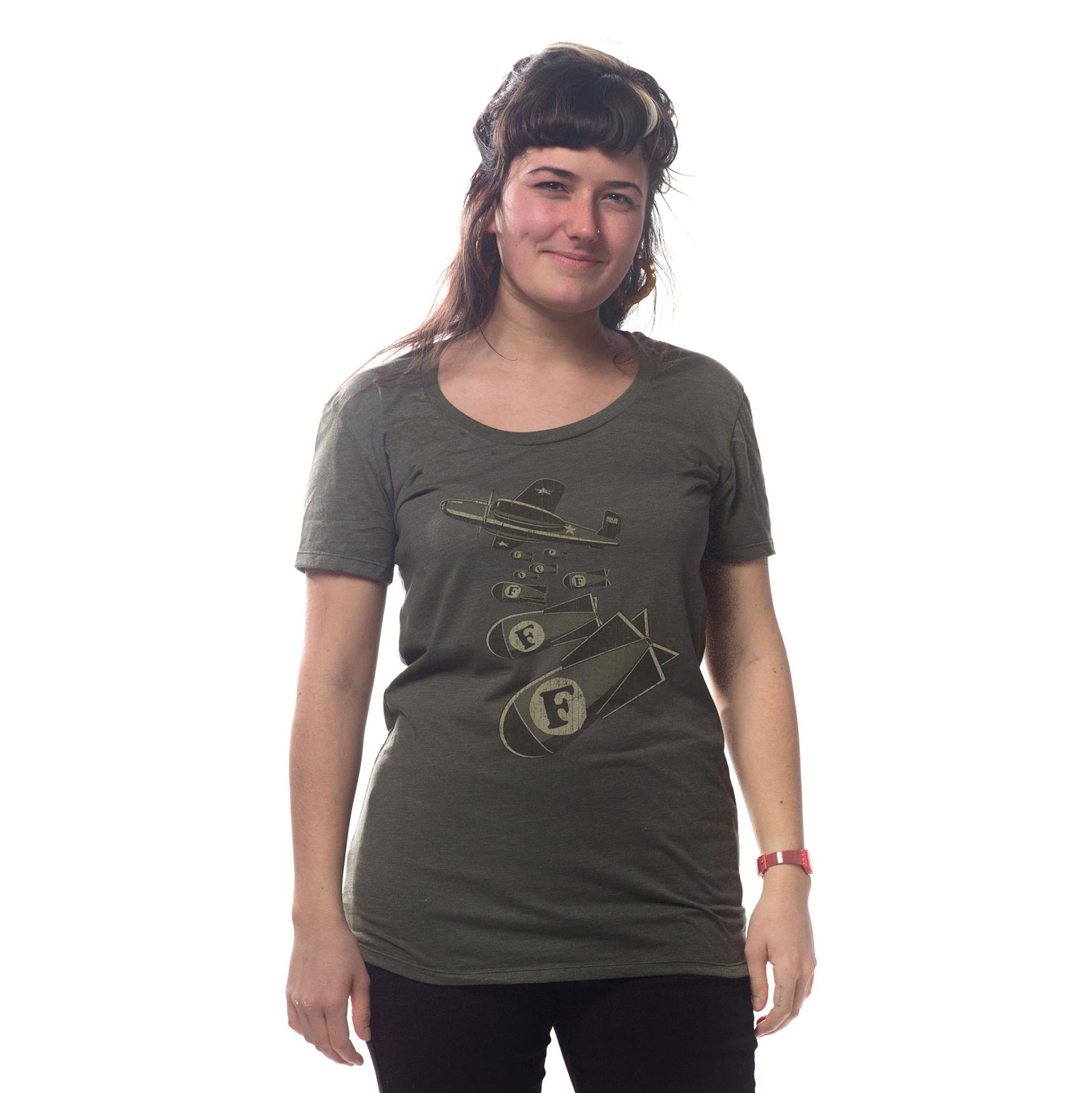 Women's F-Bombs Funny Euphemism Graphic Tee | Vintage Swearing Pun T-shirt on Model | SOLID THREADS