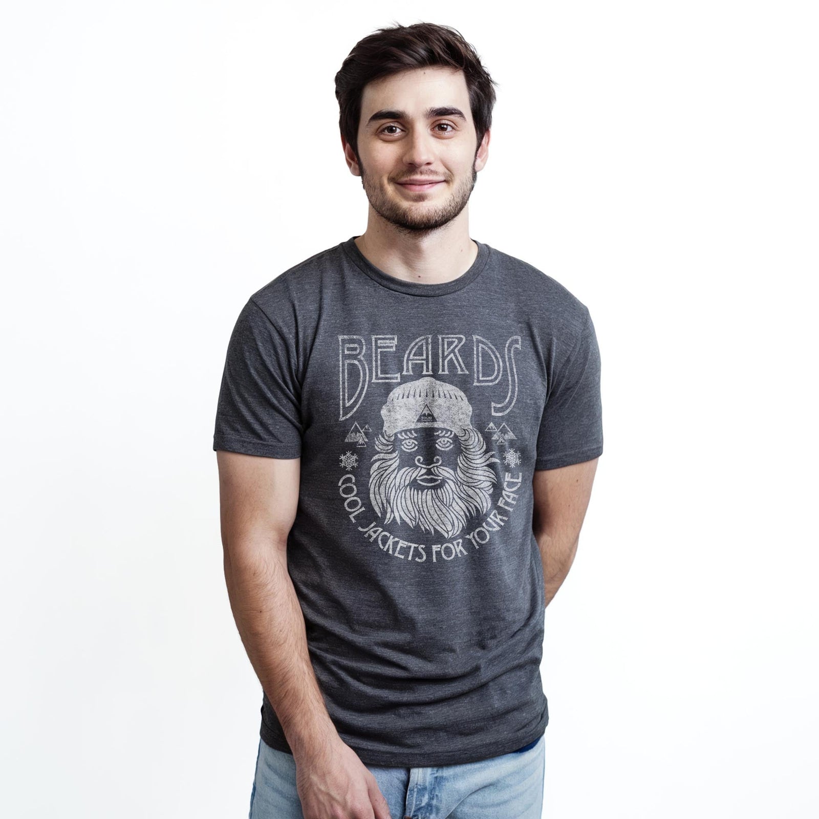 Beards, Cool Jackets For Your Face Vintage Staple T-shirt in Charcoal Heather On Model - Front View