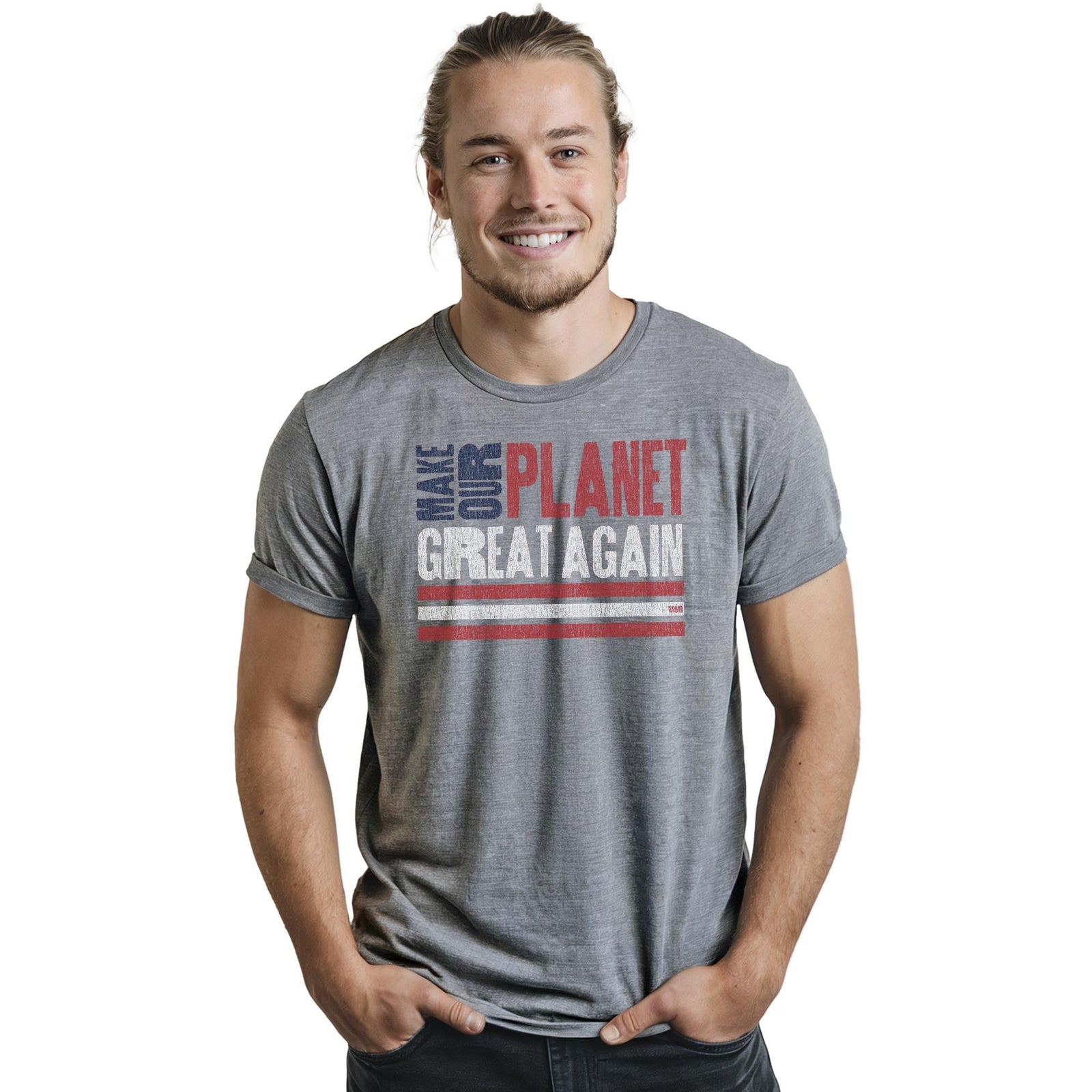 Make Our Planet Great Again Cool Staple T-shirt in Ash Heather On Model - Front View