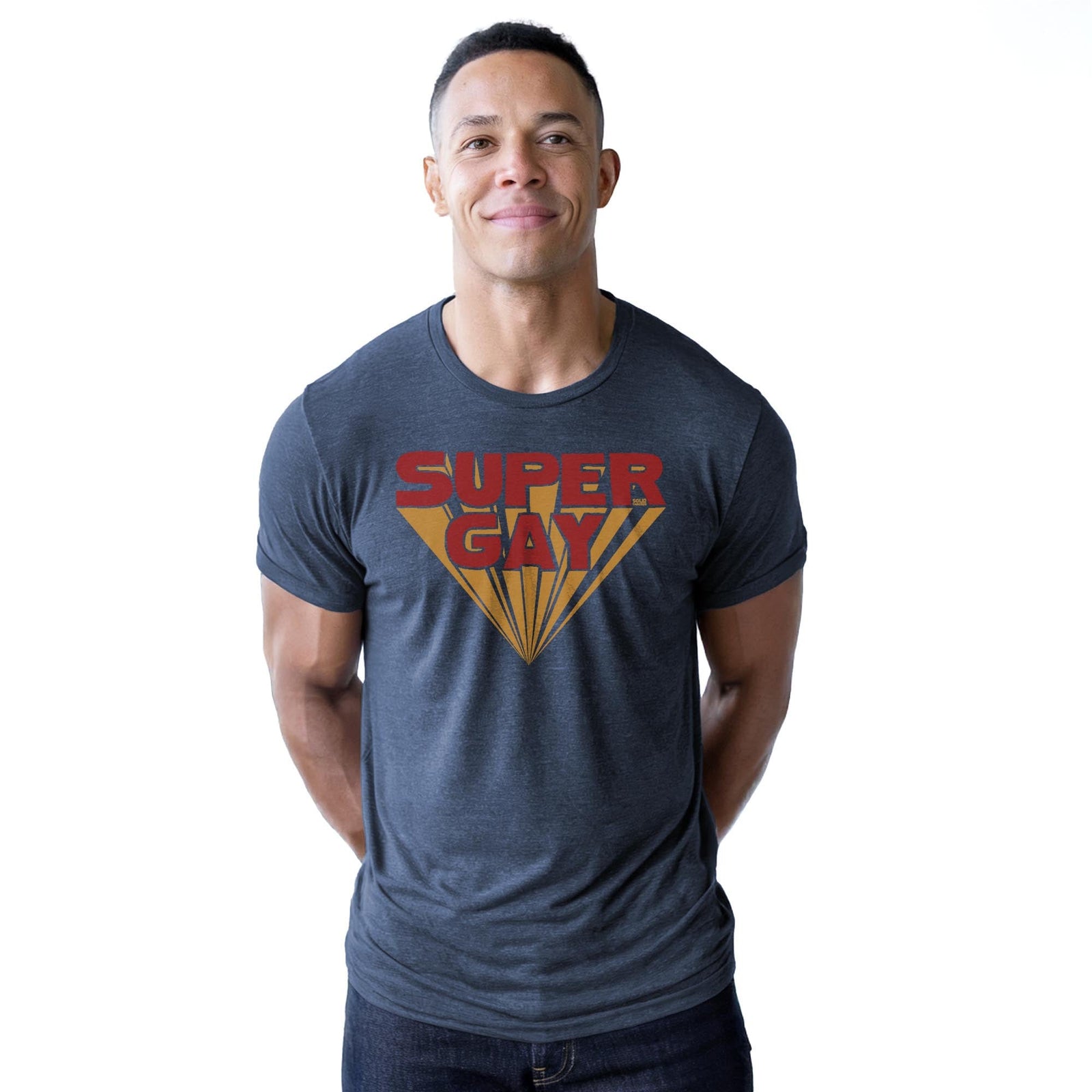 Super Gay Funny Staple T-shirt in Navy Heather On Model - Front View