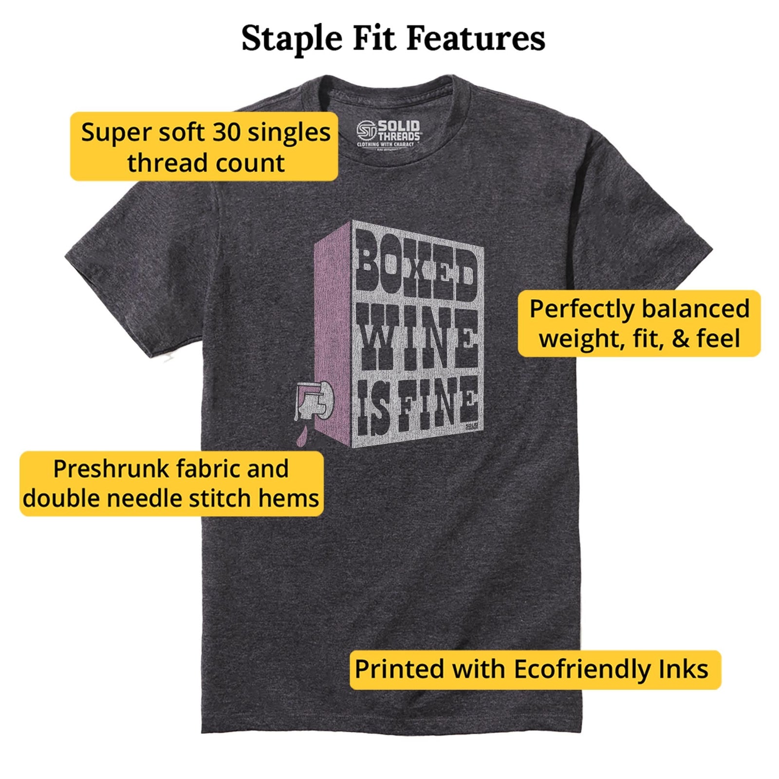 Boxed Wine Is Fine Cool Staple T-shirt in Charcoal Heather - Fit Attributes