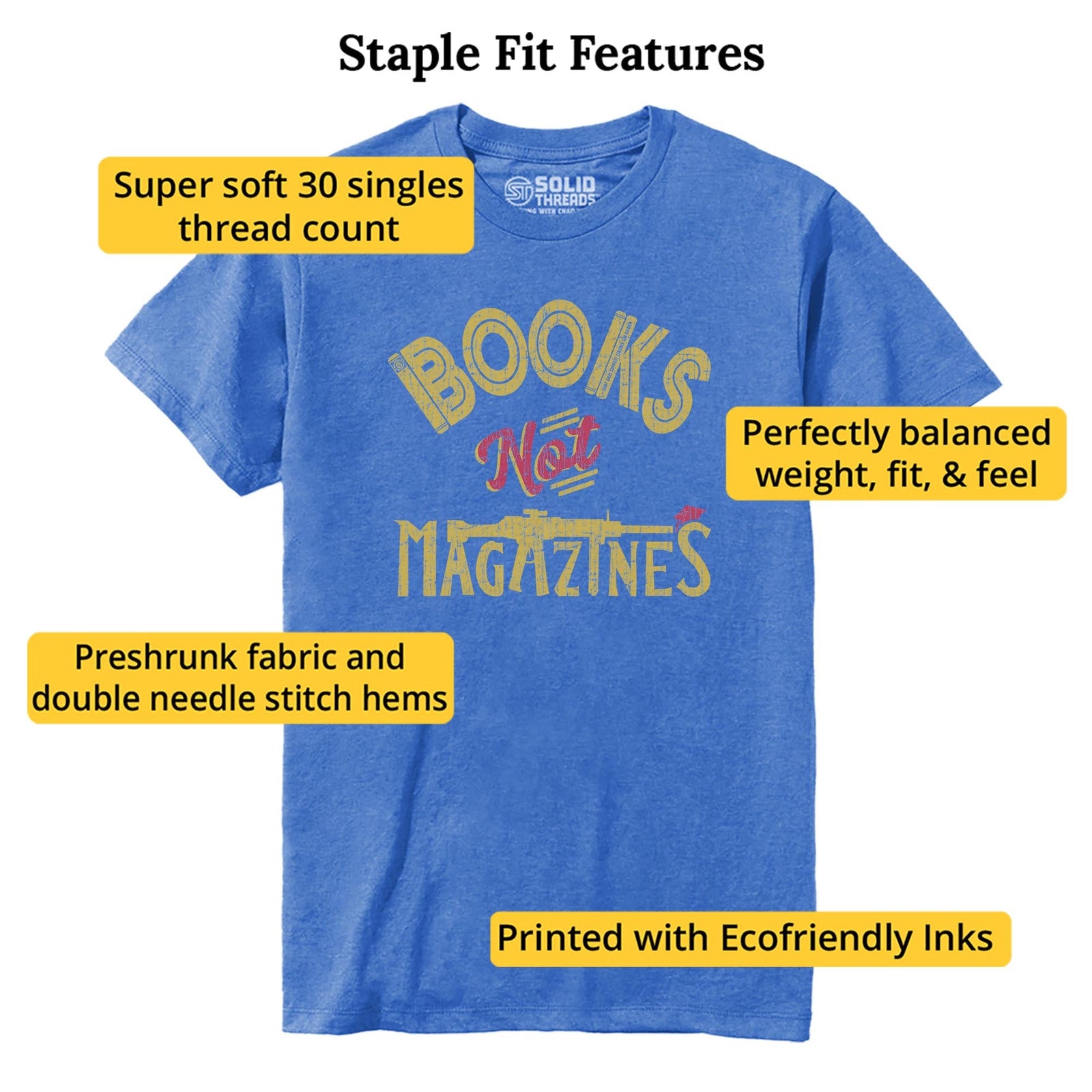 Books Not Magazines | Supports Gun Reform Legislation Cool Staple T-shirt in Royal Heather - Fit Attributes