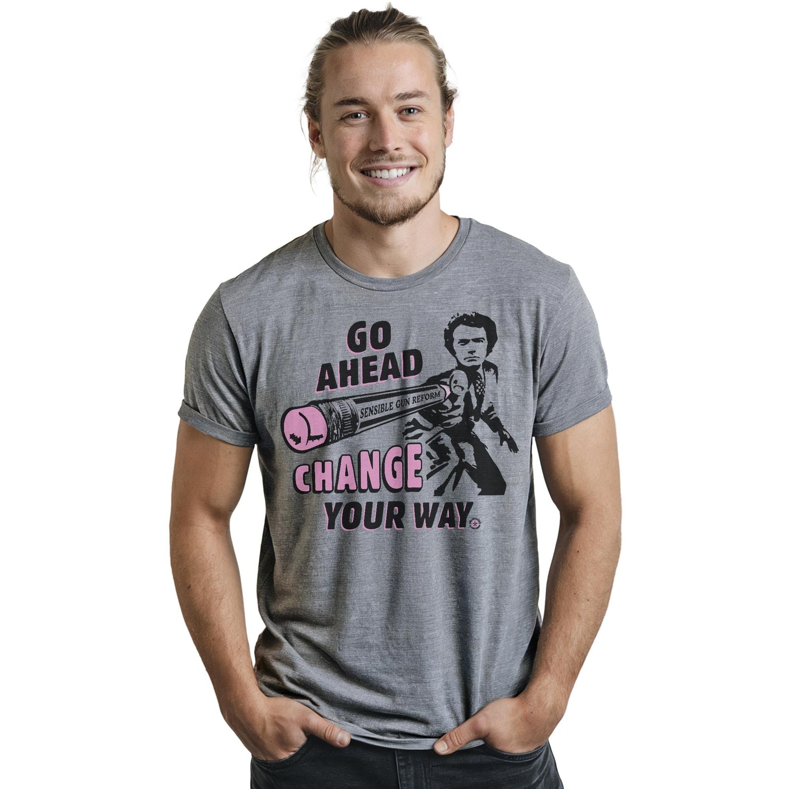 Change Your Way | Supports Gun Reform Legislation Cool Staple T-shirt in Ash Heather On Model - Front View