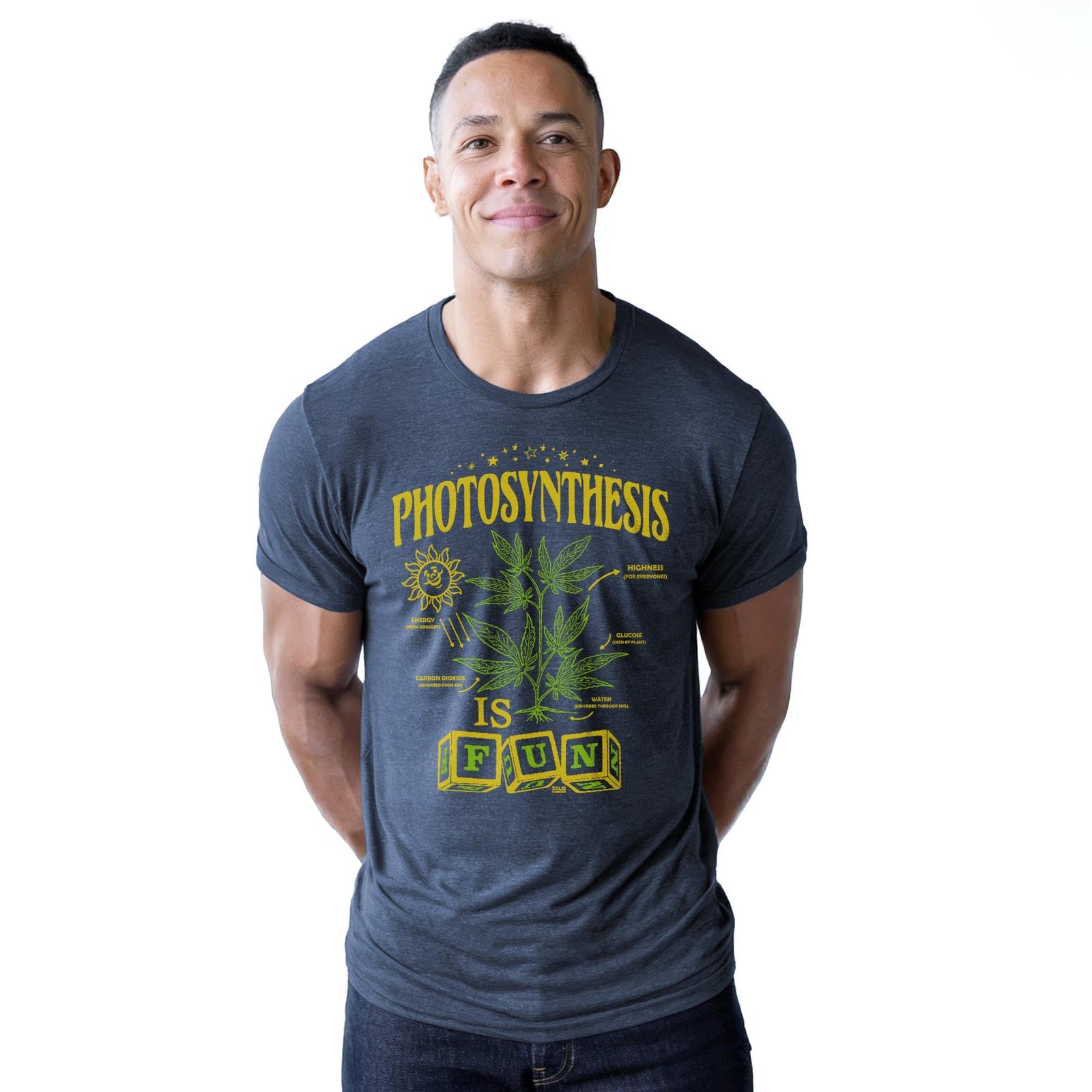 Photosynthesis Is Fun Vintage Staple T-shirt in Navy Heather On Model - Front View