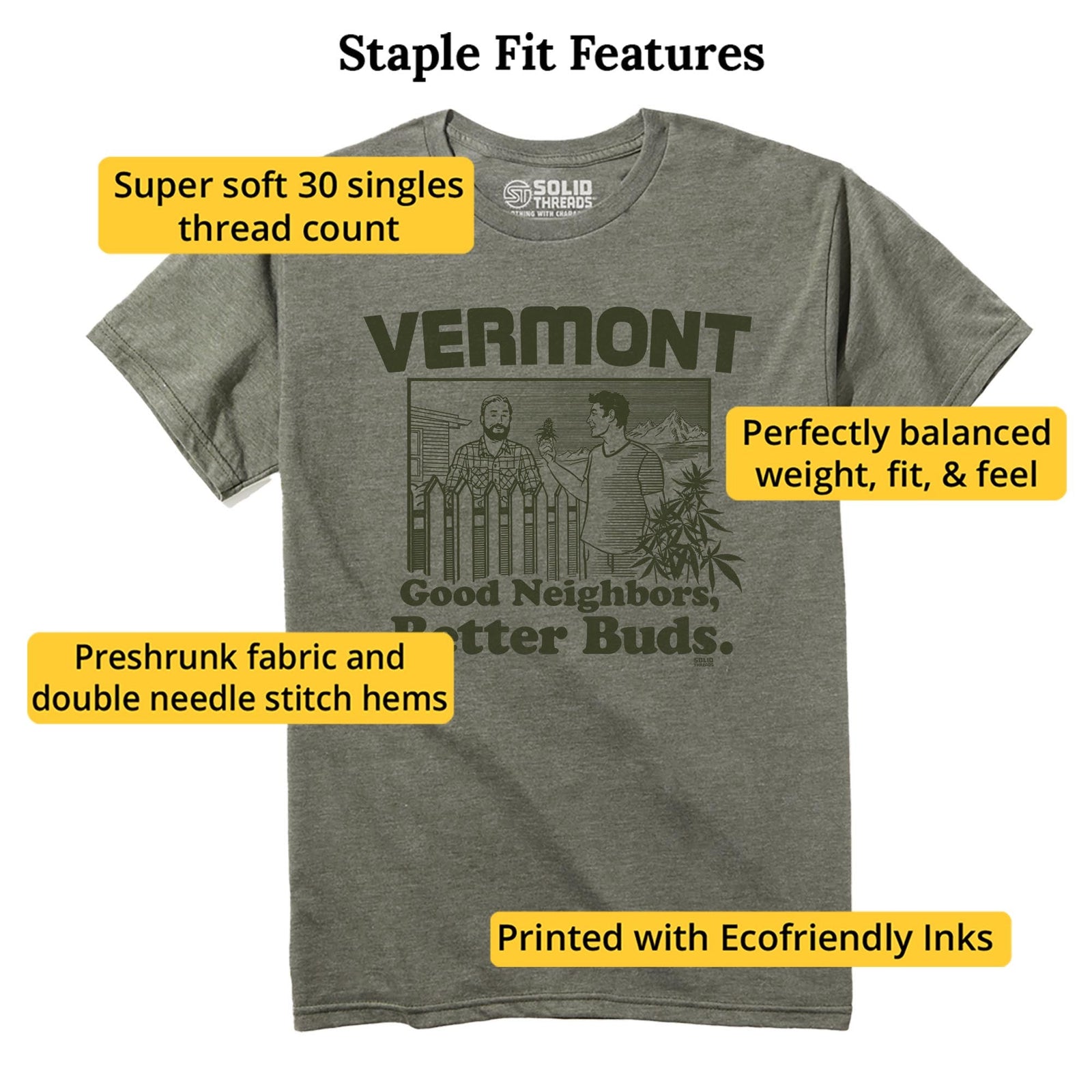 Vermont Better Buds Vintage Staple T-shirt in Olive Heather - Fit Attributes