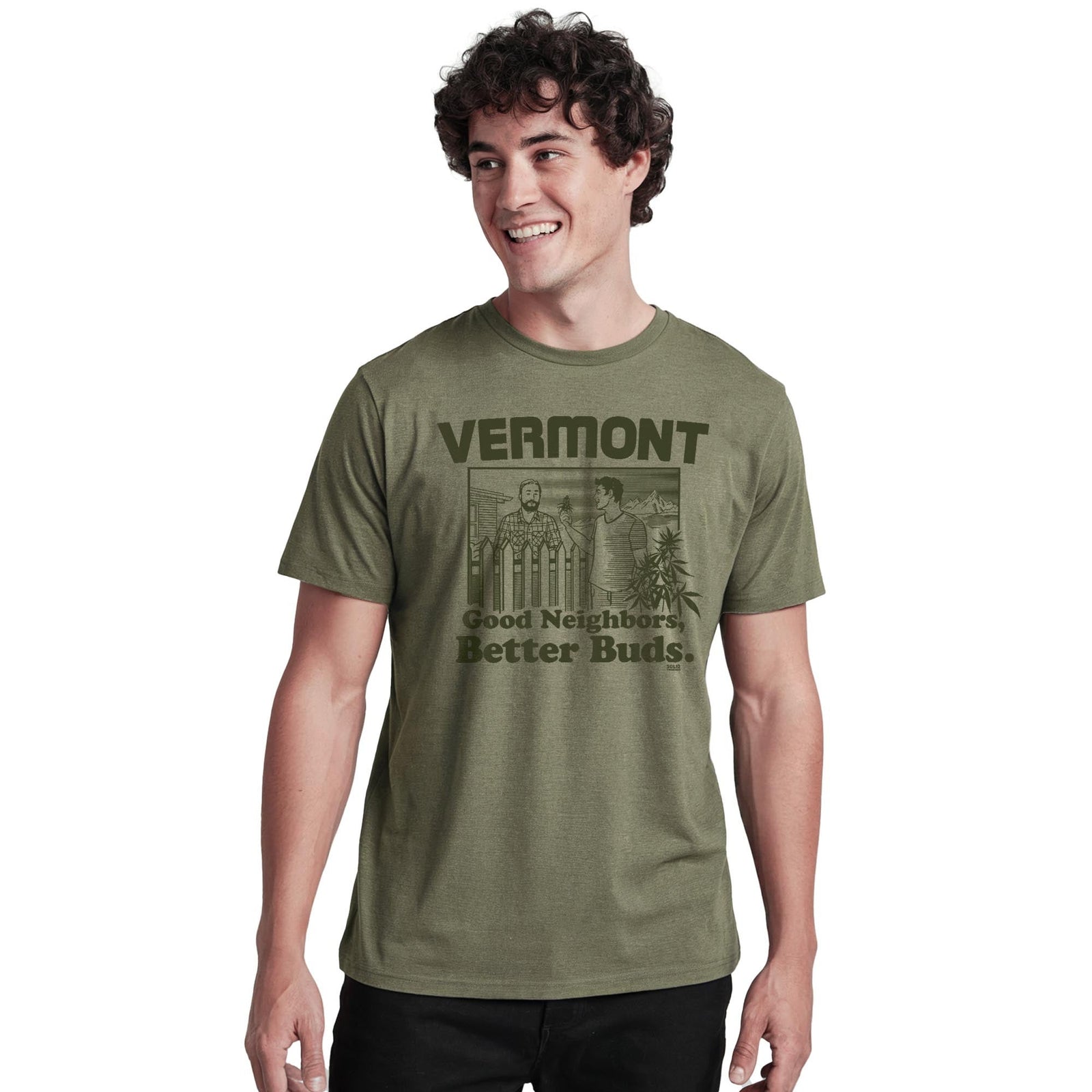 Vermont Better Buds Vintage Staple T-shirt in Olive Heather On Model - Front View