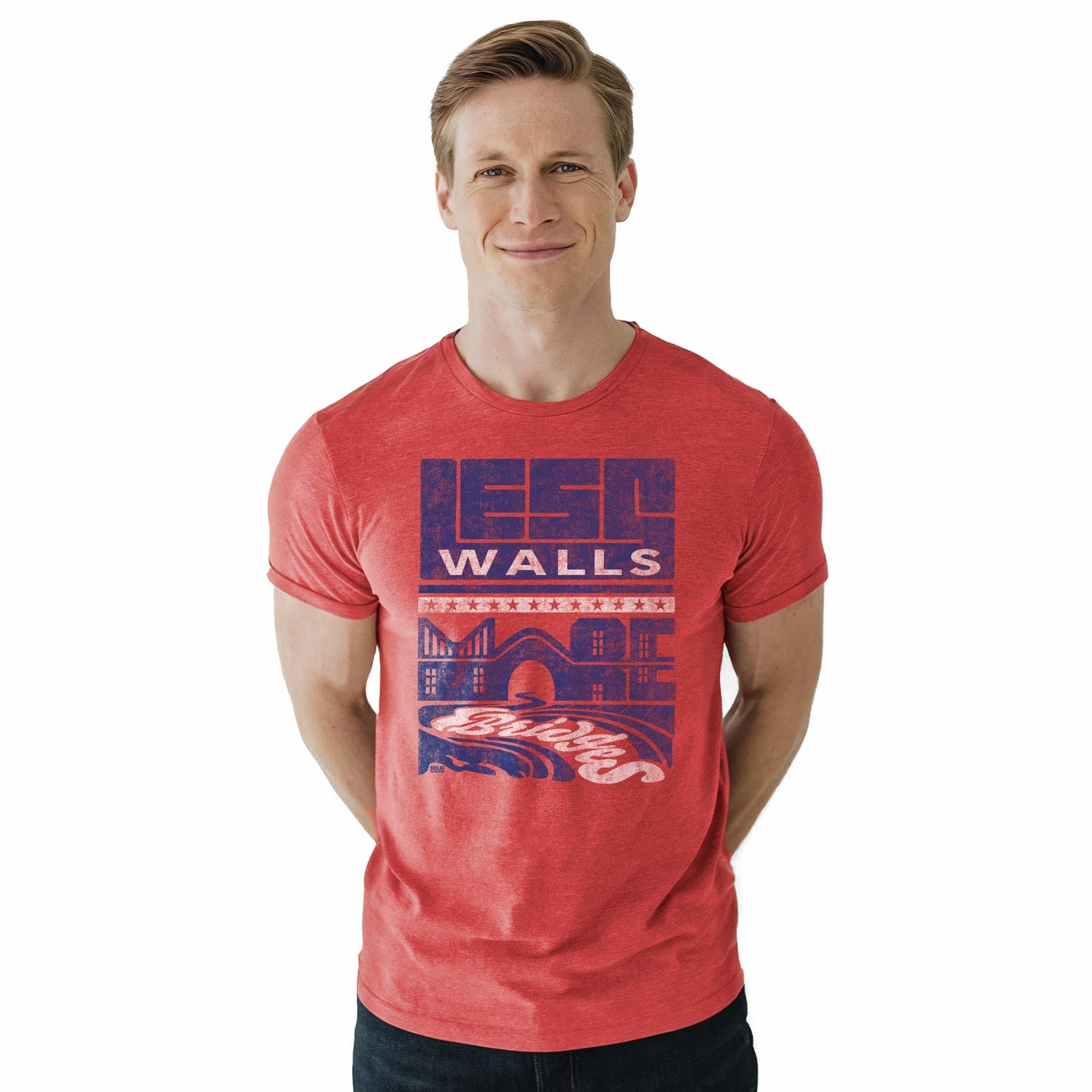 Less Walls More Bridges | Supports Immigration Reform Cool Staple T-shirt in Red Heather On Model - Front View