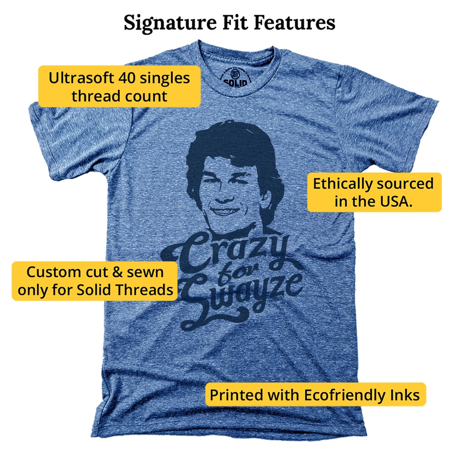 Crazy For Swayze | Supports World Health Retro Signature T-shirt in Triblend Royal - Fit Attributes