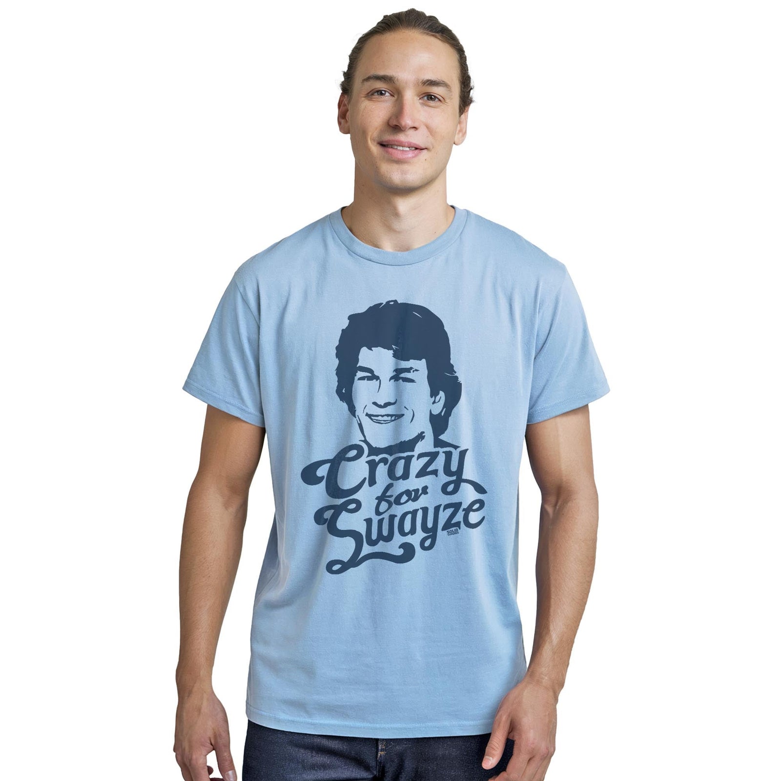 Crazy For Swayze | Supports World Health Retro Staple T-shirt in Light Blue Heather On Model - Front View