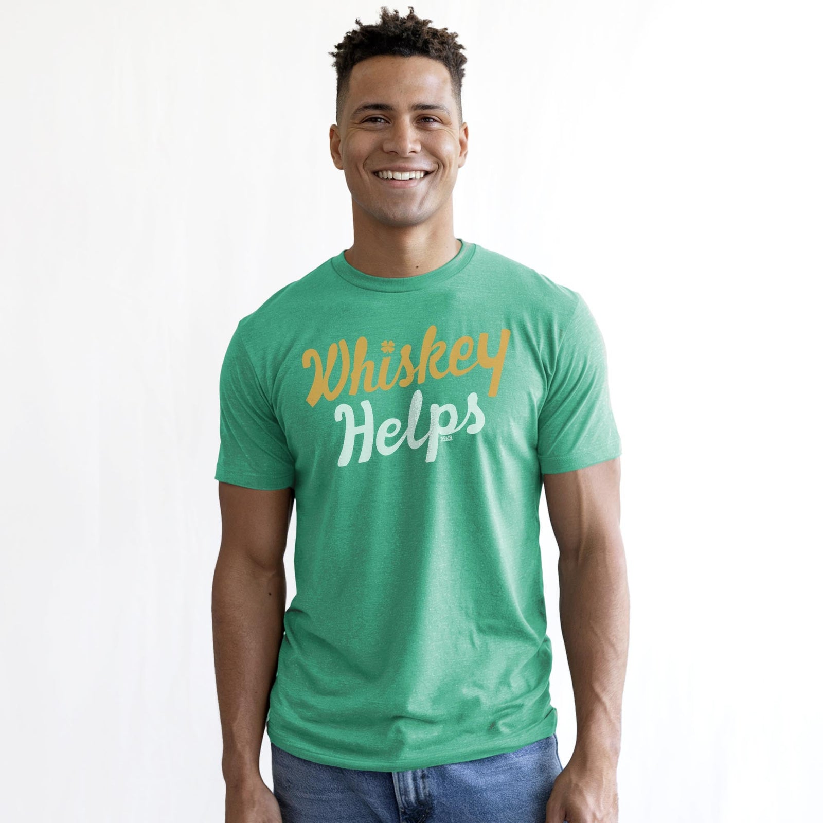 Irish Whiskey Helps Funny Staple T-shirt in Kelly Heather On Model - Front View