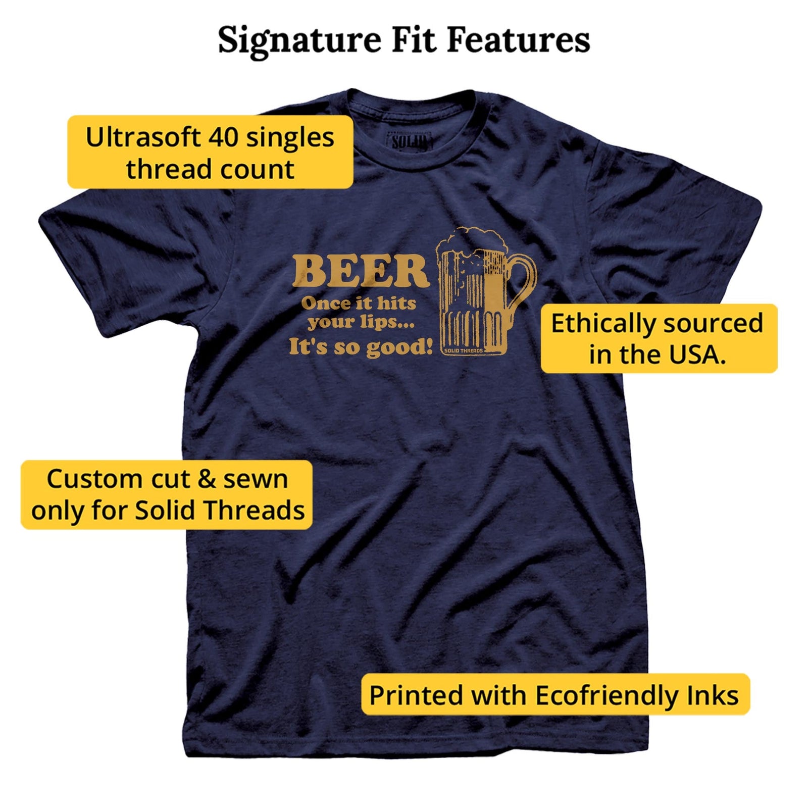 Beer Once It Hits Your Lips It's So Good Vintage Signature T-shirt in Navy - Fit Attributes