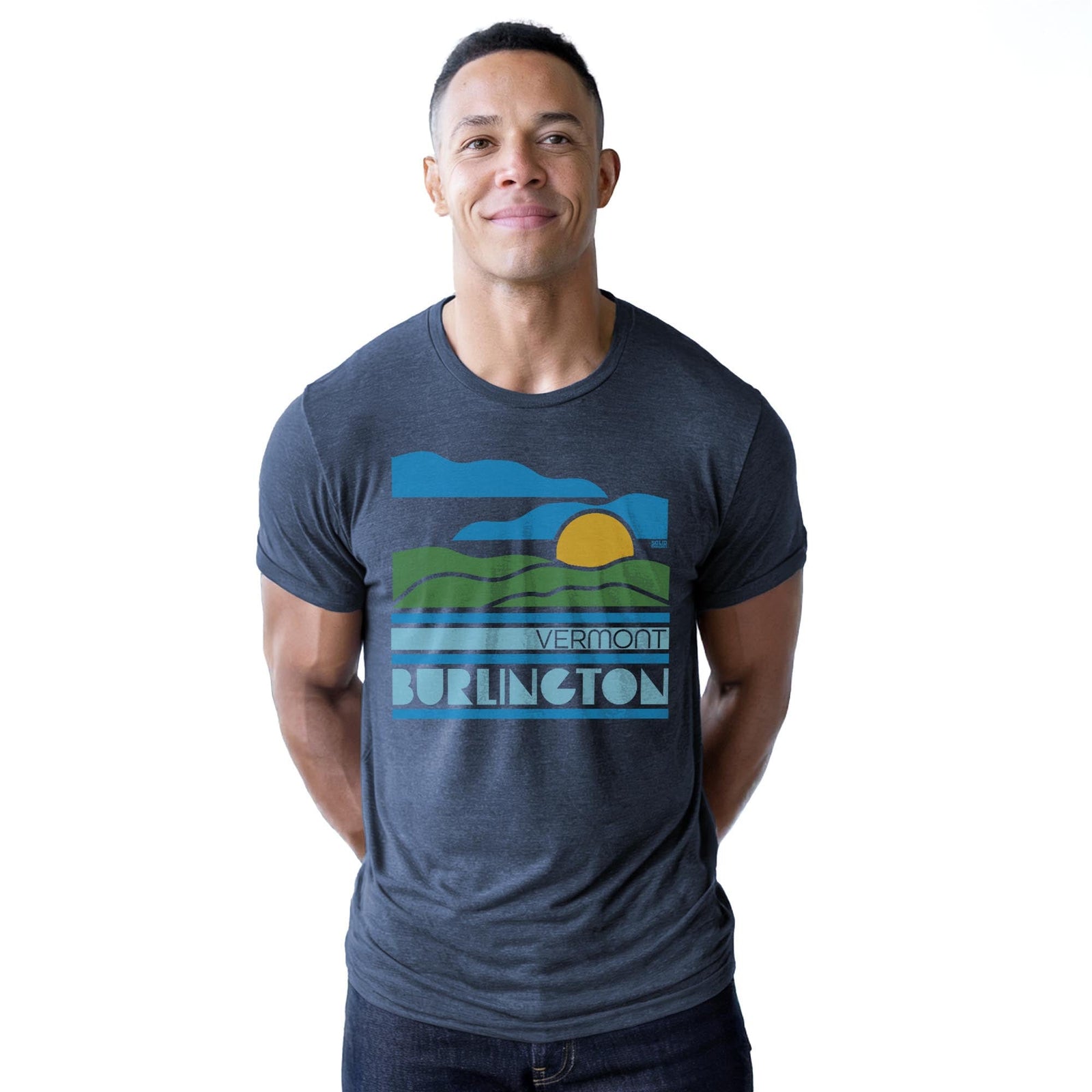 Burlington, Vt Sunset Cool Staple T-shirt in Navy Heather On Model - Front View