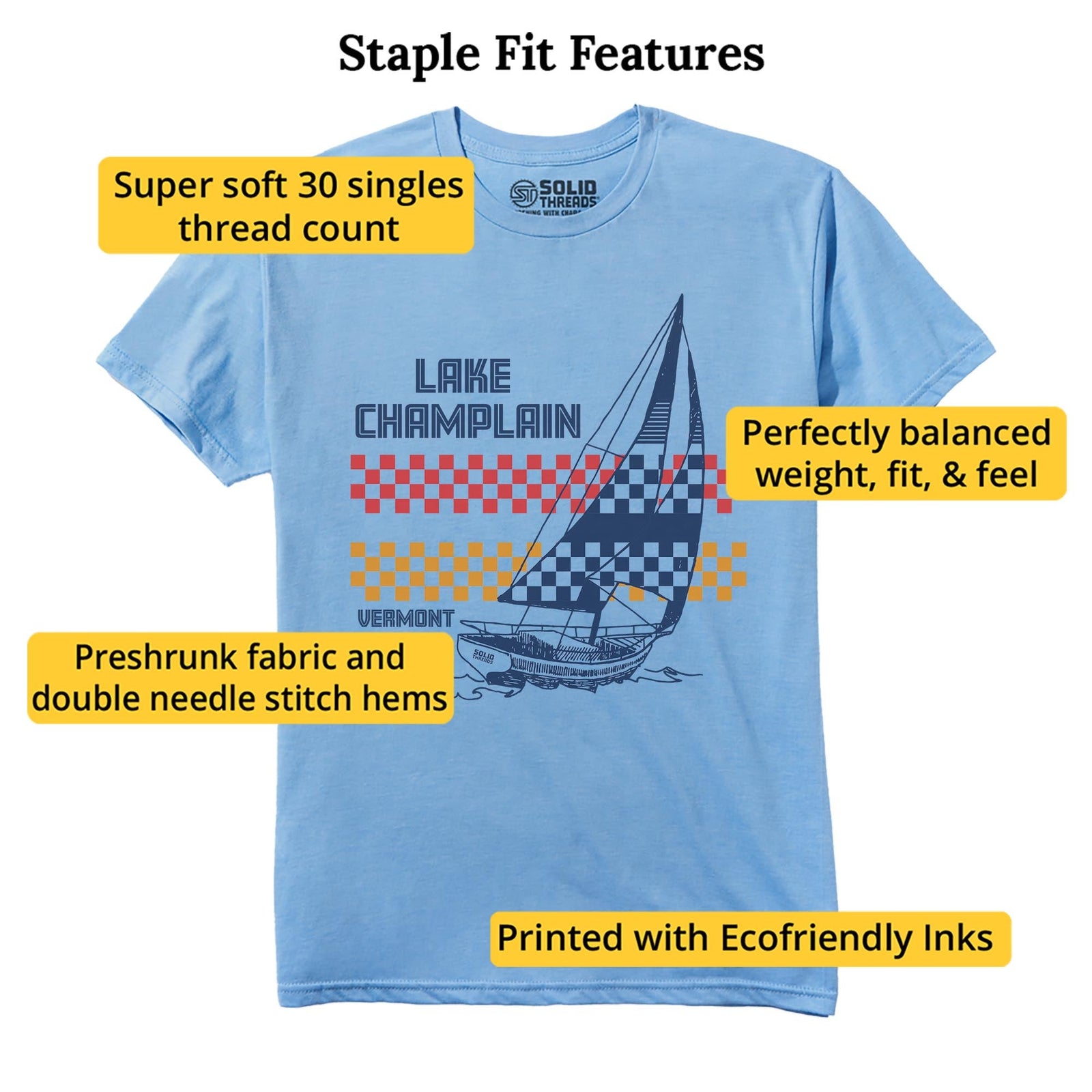 Lake Champlain Vt Sailboat Cool Staple T-shirt in Light Blue Heather - Fit Attributes