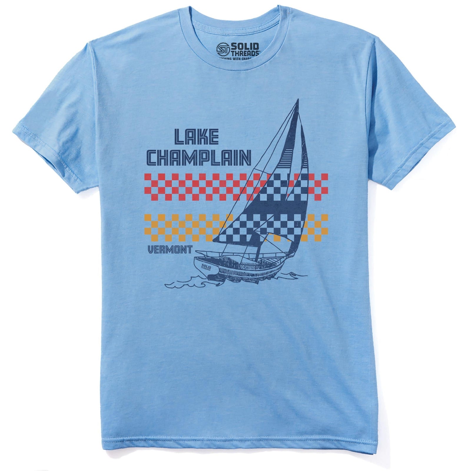 Lake Champlain Vt Sailboat Cool Staple T-shirt in Light Blue Heather - Front View