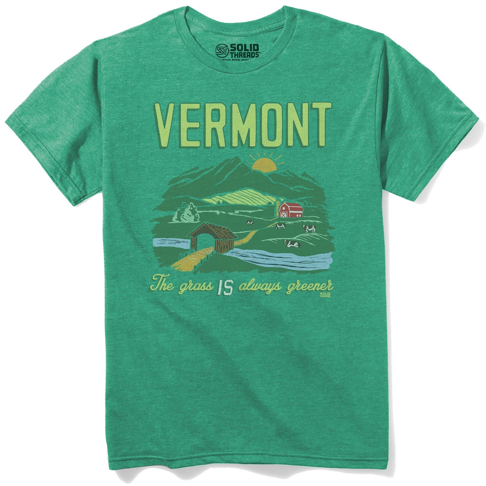 Vermont The Grass Is Always Greener Cool Staple T-shirt in Kelly Heather - Front View