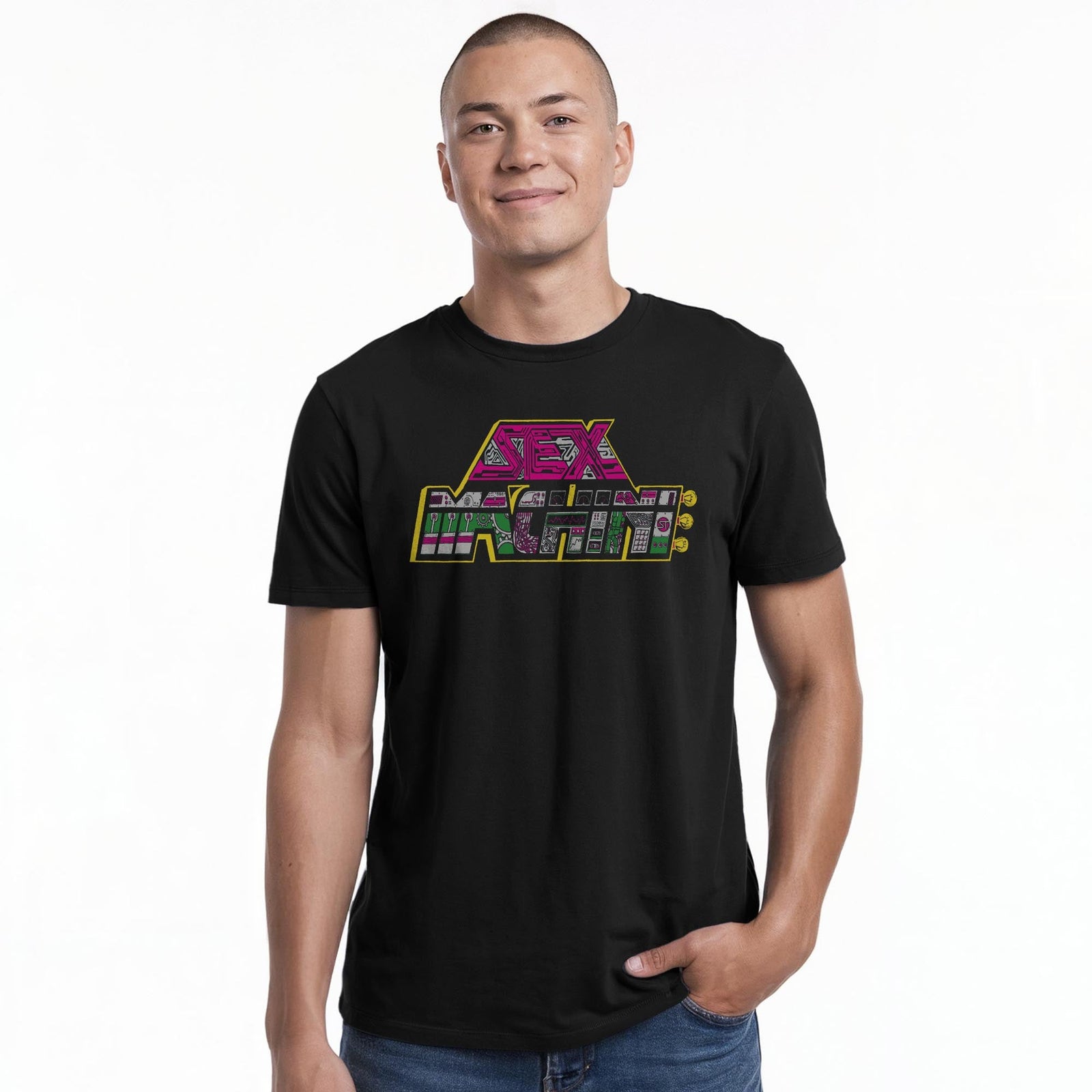 Sex Machine Vintage Staple T-shirt in Black On Model - Front View