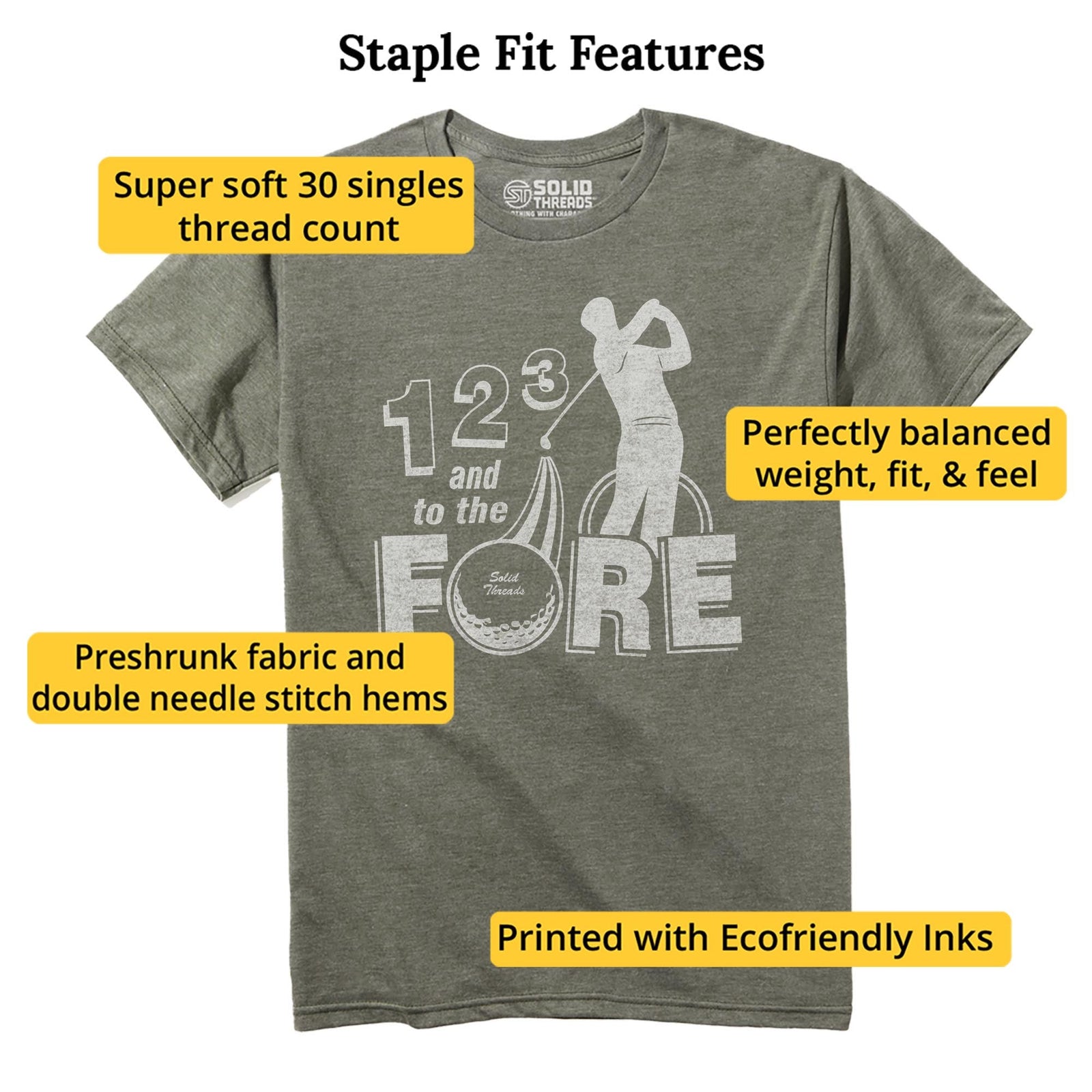 1, 2, 3, Fore Vintage Staple T-shirt in Olive Heather - Fit Attributes
