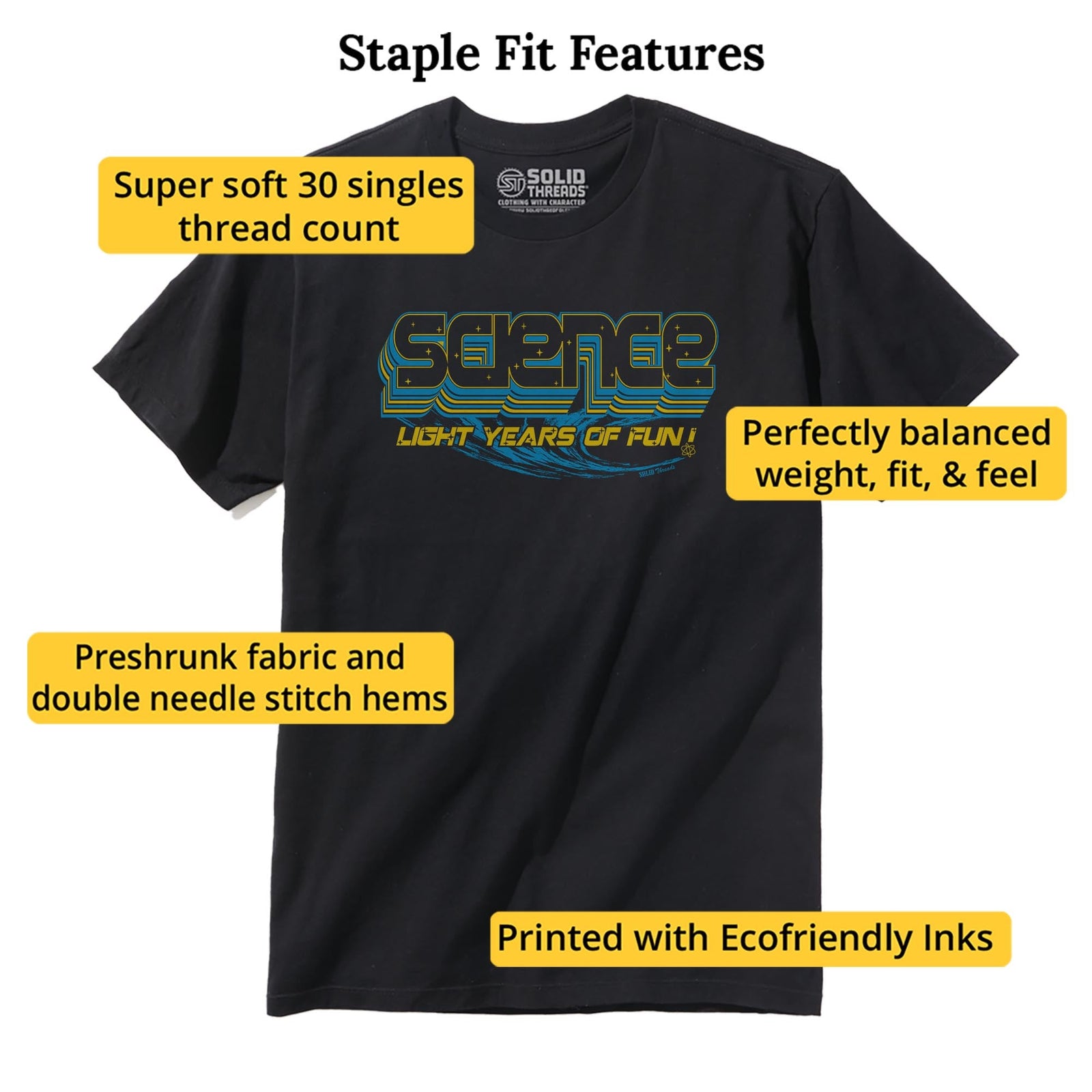 Science, Light Years Of Fun Vintage Staple T-shirt in Black - Fit Attributes