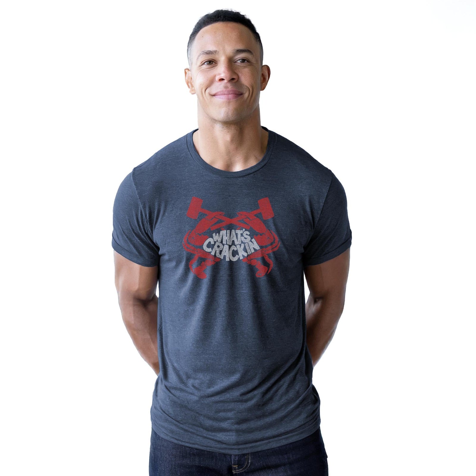 Crackin' Crab Vintage Staple T-shirt in Navy Heather On Model - Front View