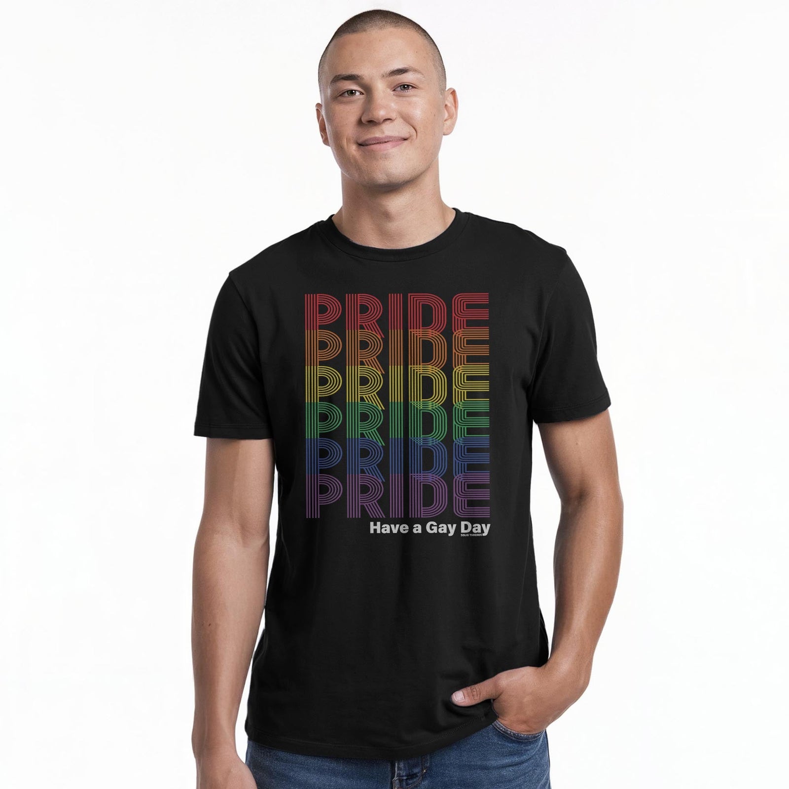 Pride Rainbow Fade Cool Staple T-shirt in Black On Model - Front View