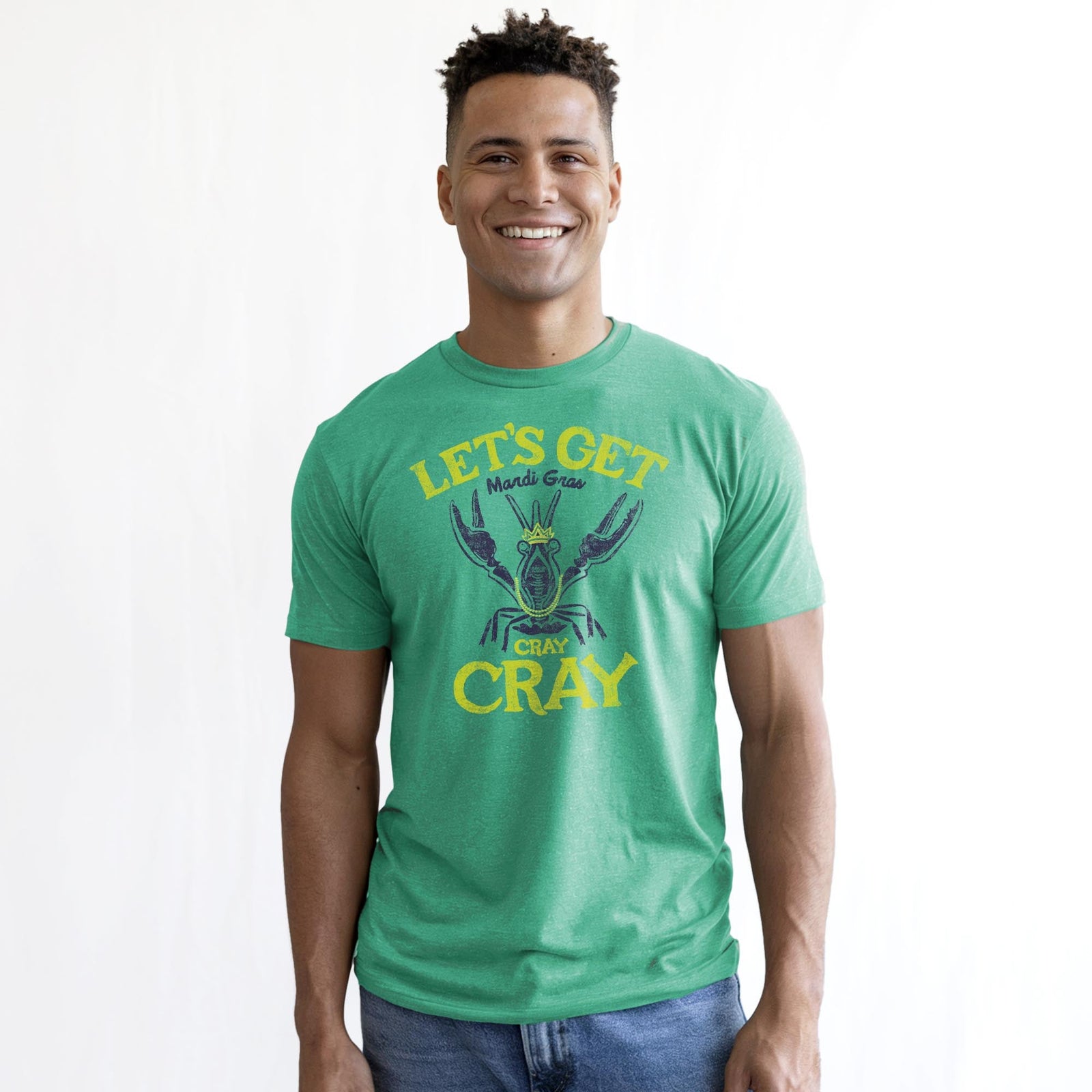 Mardi Gras Cray Vintage Staple T-shirt in Kelly Heather On Model - Front View