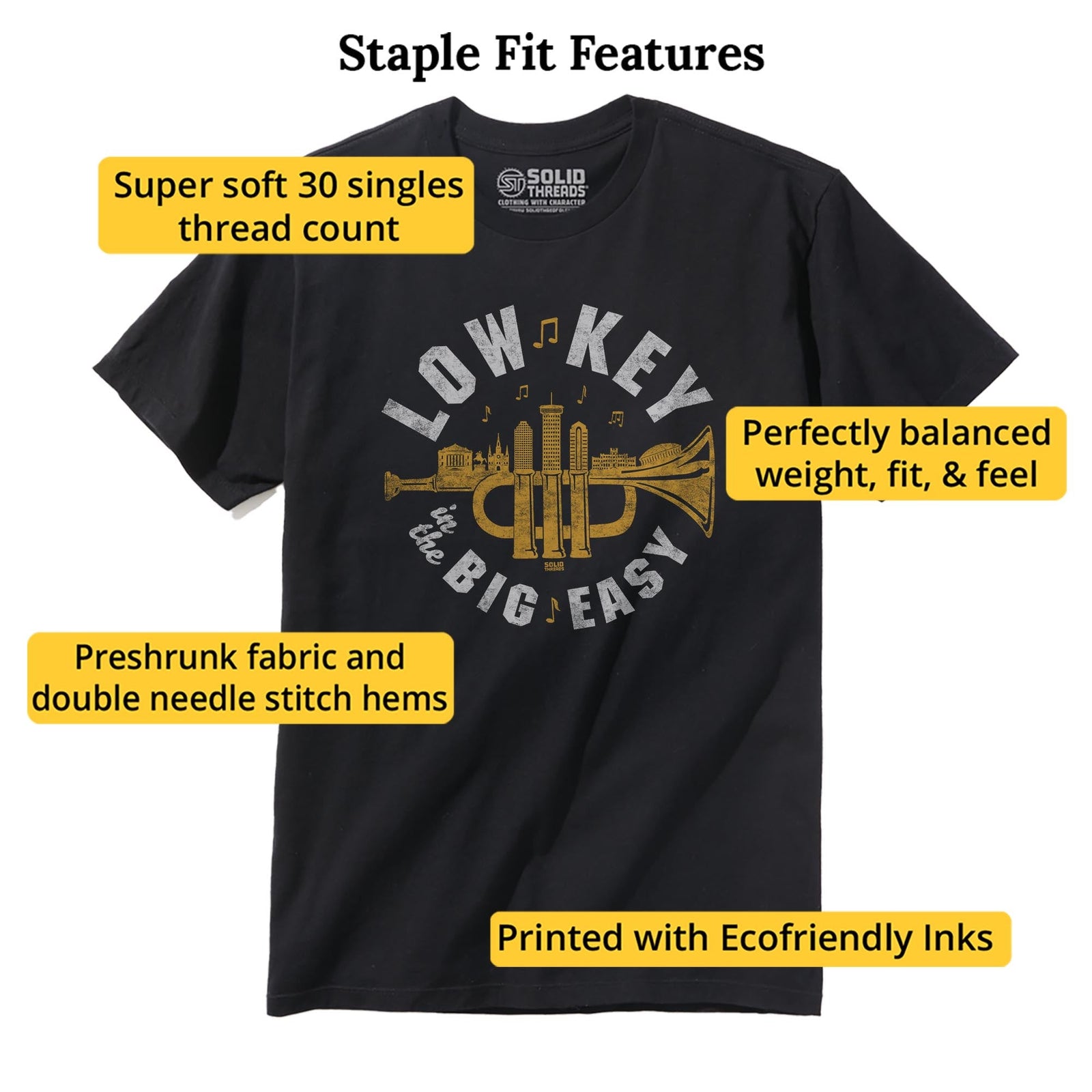 Low Key In The Big Easy Cool Staple T-shirt in Black - Fit Attributes