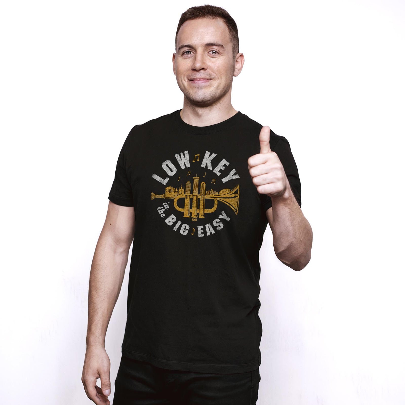 Low Key In The Big Easy Cool Staple T-shirt in Black On Model - Front View