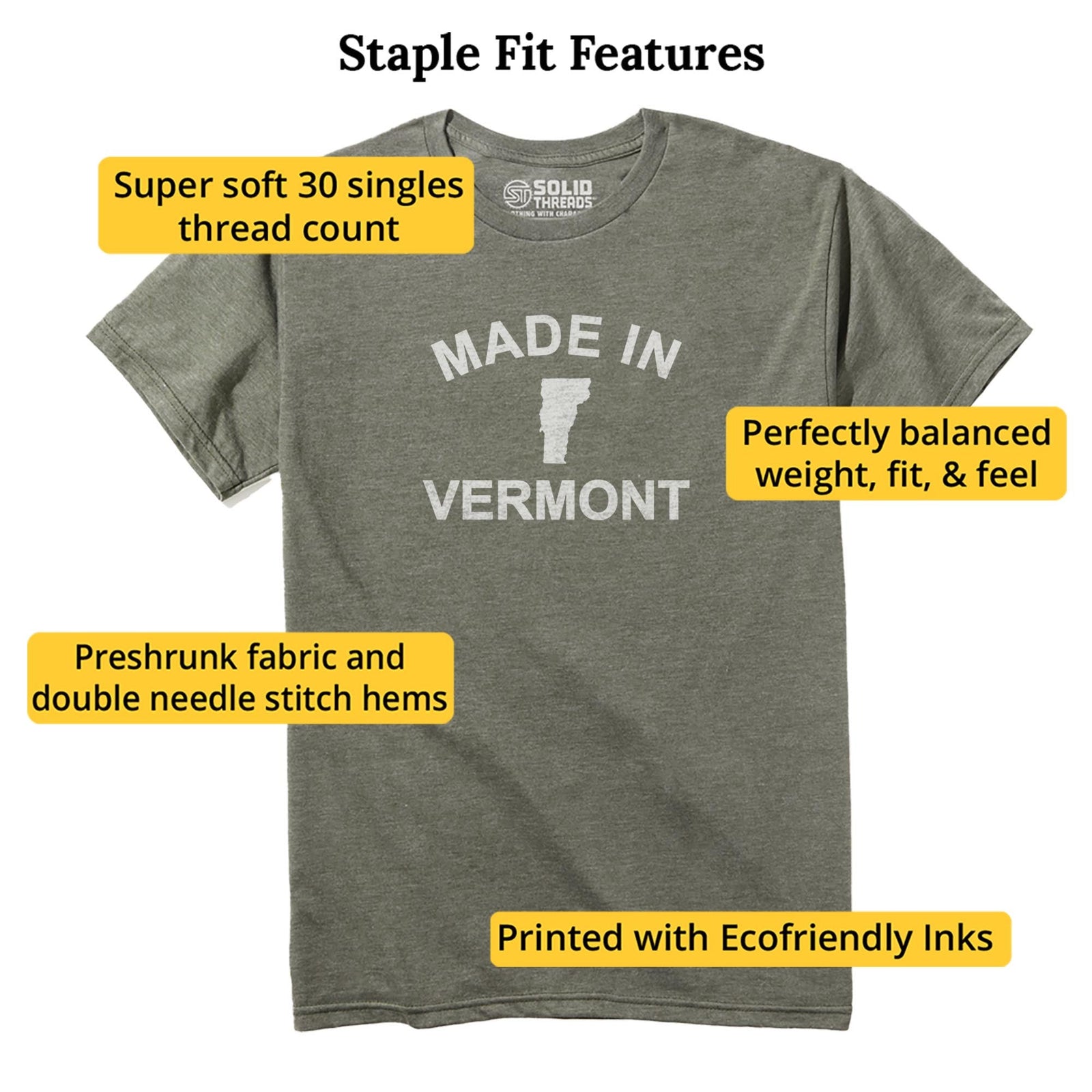 Made In Vermont Retro Staple T-shirt in Olive Heather - Fit Attributes