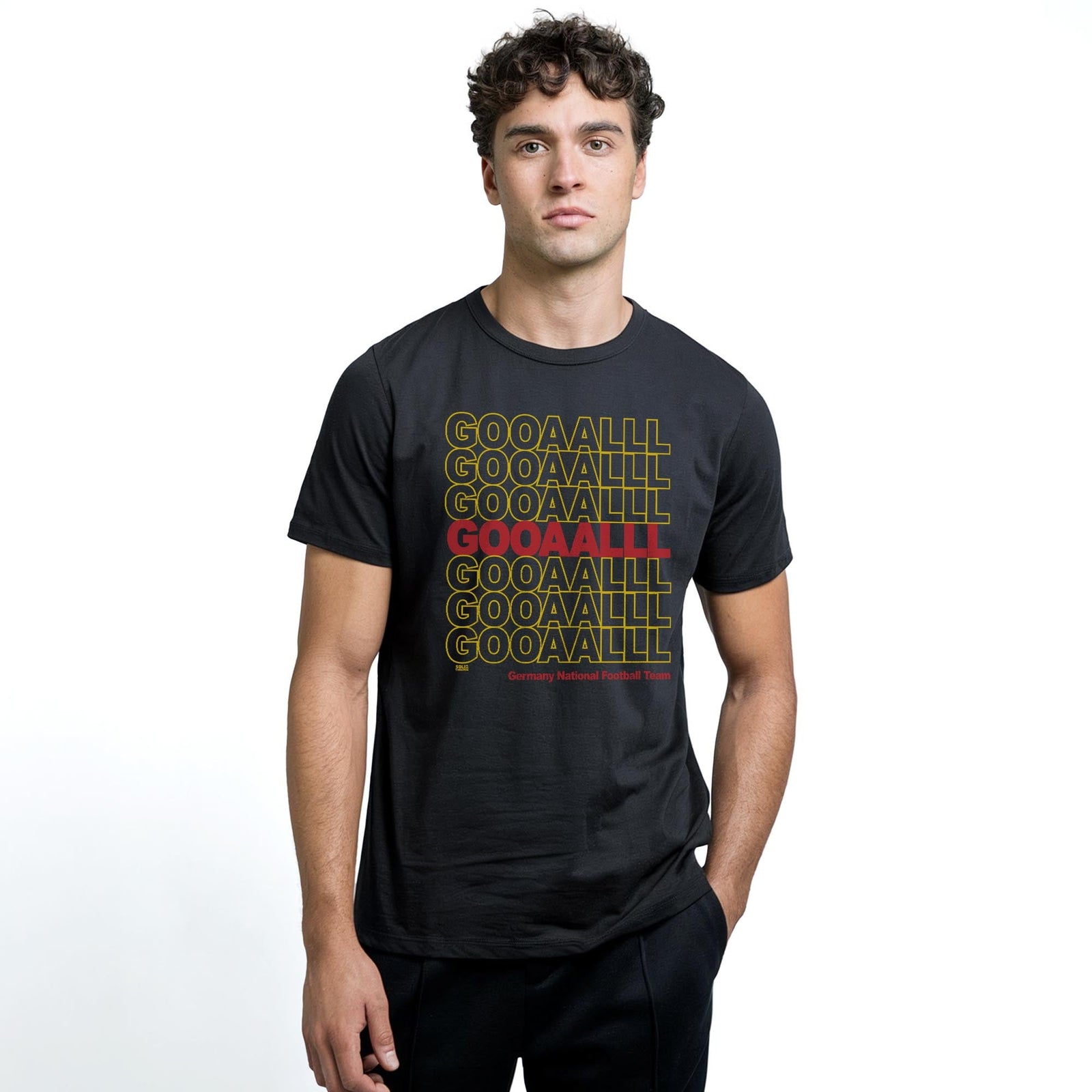 Germany Soccer Gooaalll Cool Staple T-shirt in Black On Model - Front View