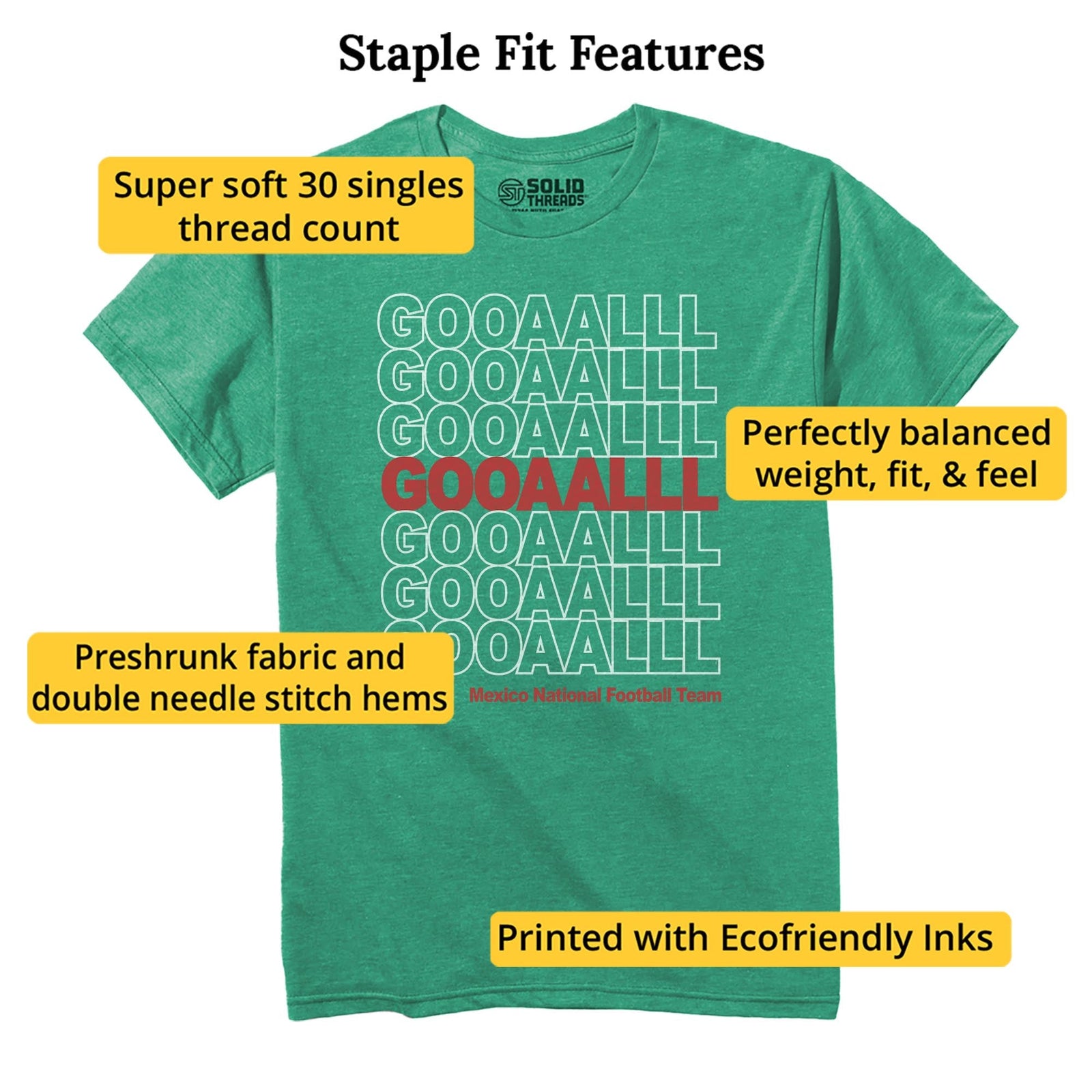 Mexico Soccer Gooaalll Cool Staple T-shirt in Kelly Heather - Fit Attributes